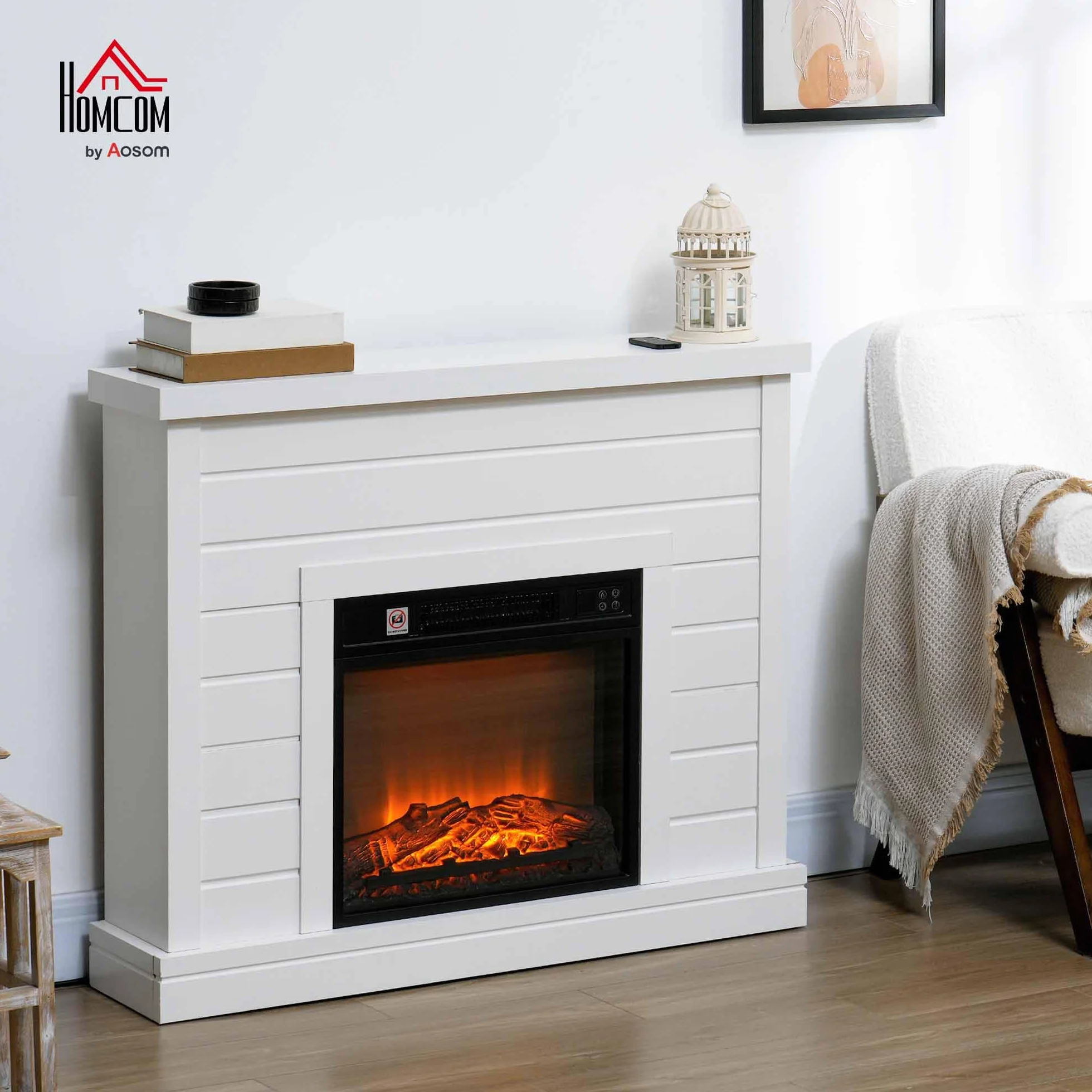 HOMCOM Chimenea Eléctrica, Chimenea Decorativa con Efecto de Llama, Calefacción 1800 W, Control Remoto, Temporizador Semanal, Protección contra Sobrecalentamiento, Blanco