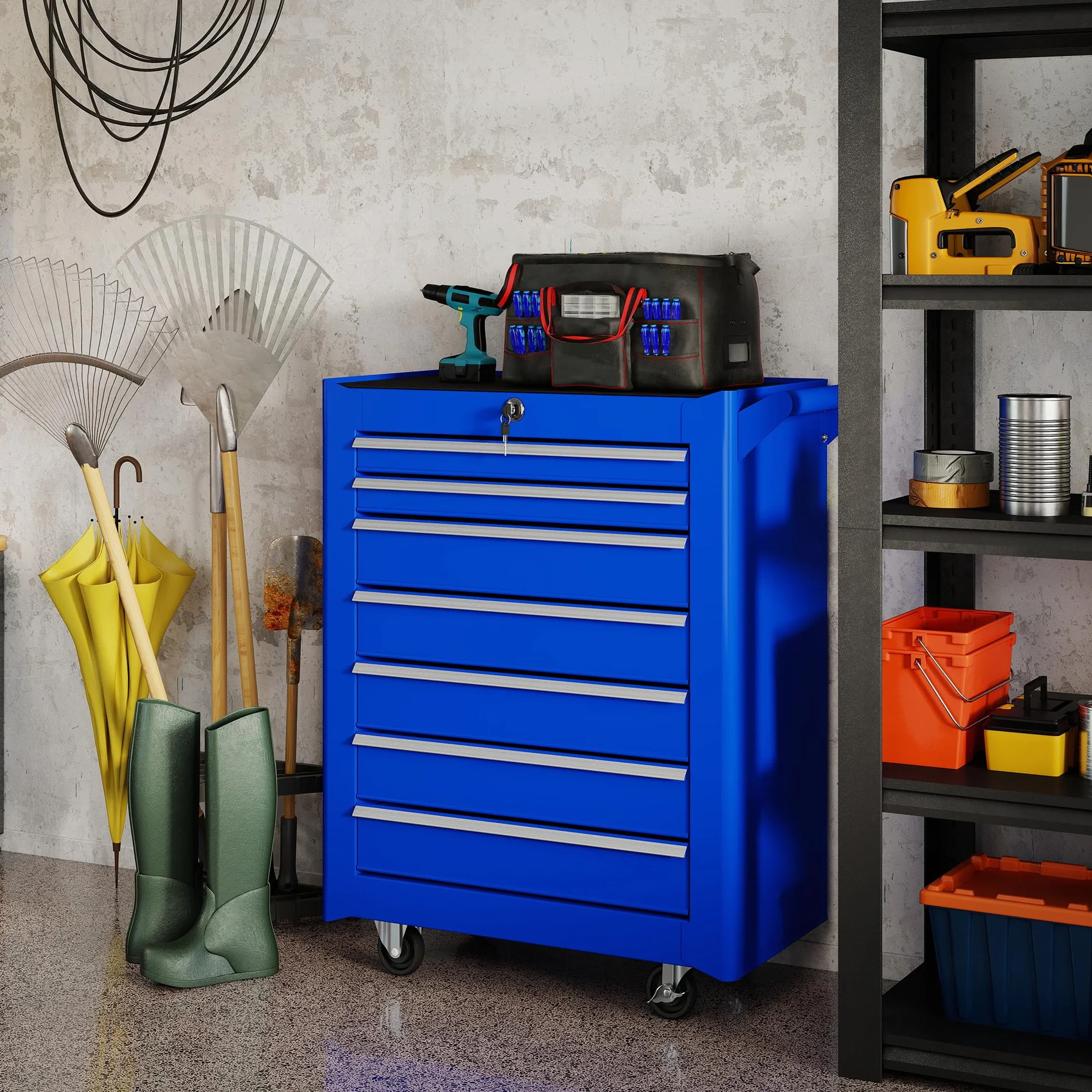DURHAND Carro de Herramientas 7 Cajones con Cerradura, Asa, 2 Ruedas Freno de Bloqueo, Azul
