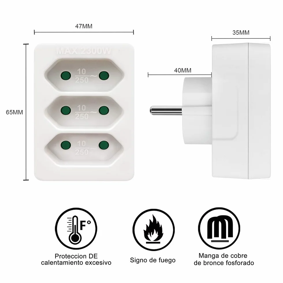 EXTRASTAR 3 en 1 Adaptador Plano con 3 Enchufes Schuko, 2300W, 10A, 250V, Blanco, 2 pcs