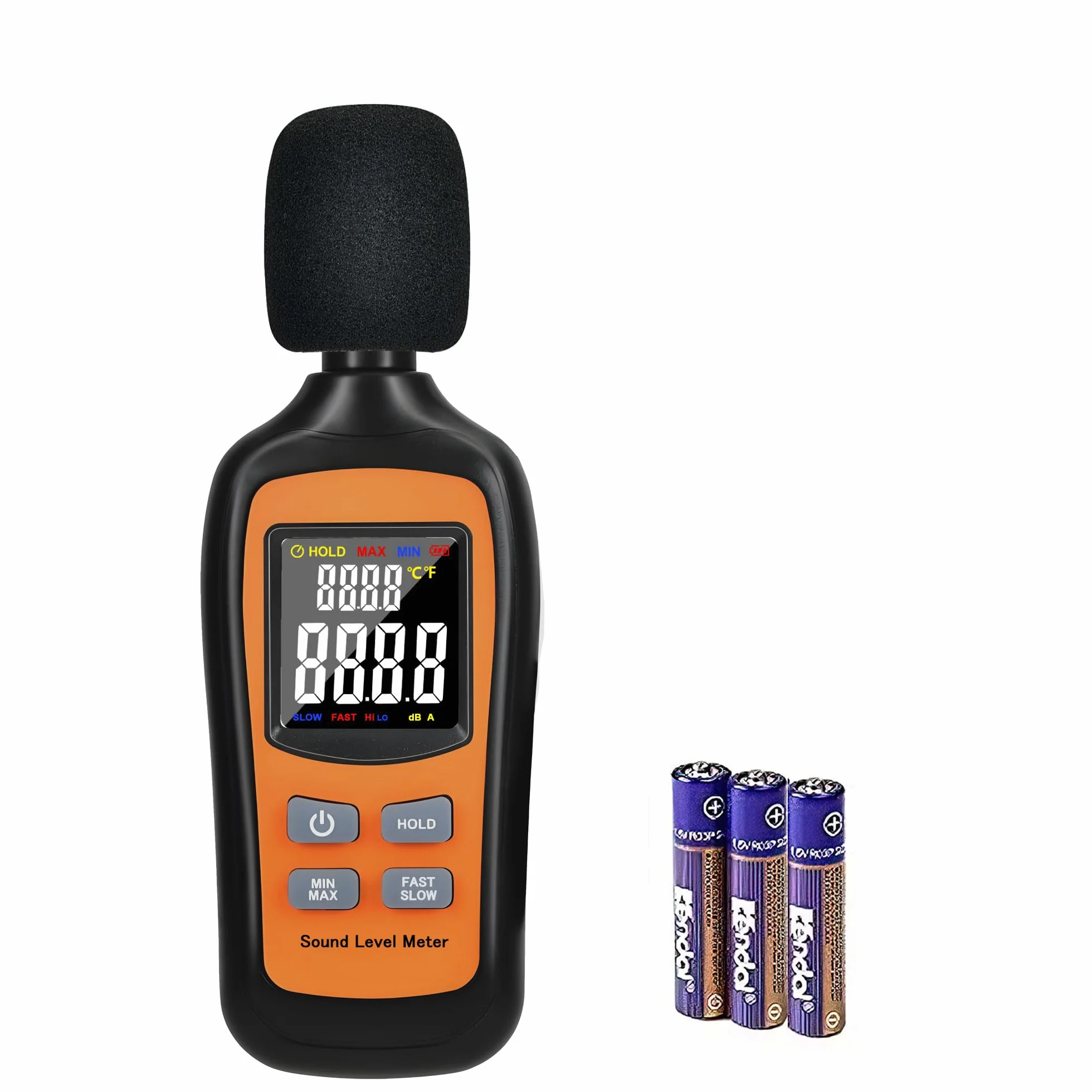 Medidor de decibelios, medidor digital de nivel de sonido SPL, función de temperatura de 35 dB a 135 dB, medidor de ruido con ponderación A [retención de datos rápida/lenta máxima/mínima], uso para el