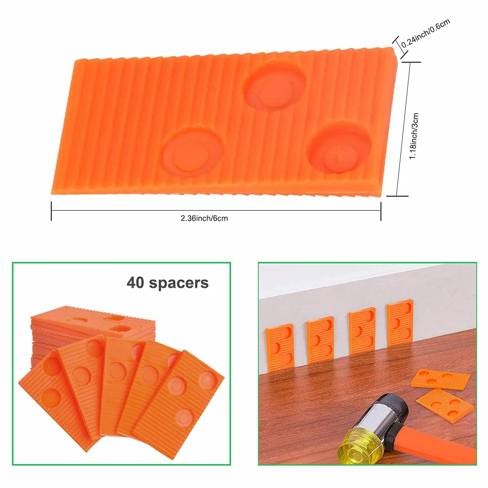 Kit de instalación de suelos de madera laminada con 40 espaciadores, mazo de doble cabeza, bloque de roscado y barra de tracción (naranja)