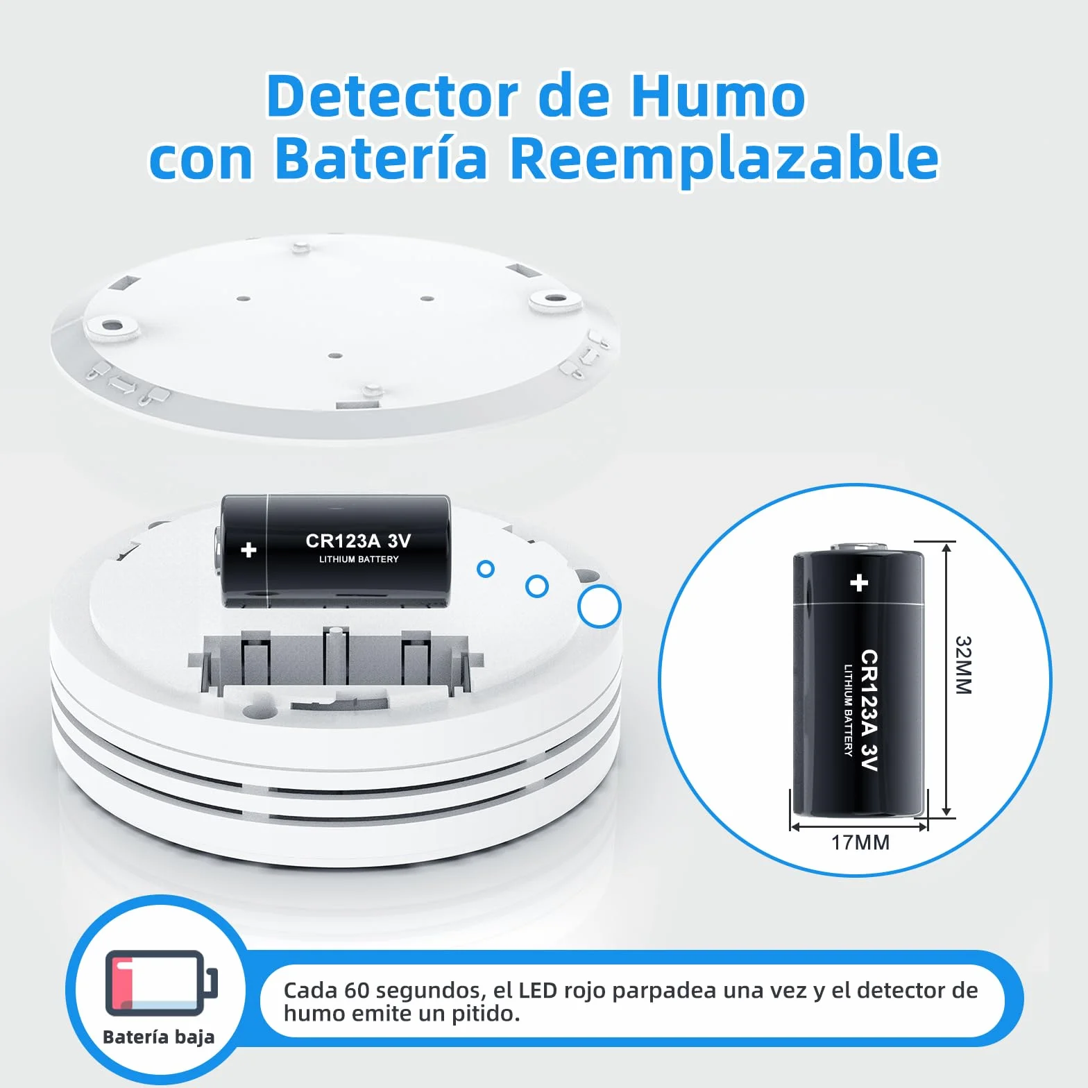 Detector de Humo 10 Años Alarma Incendios Red Batería CR123A 85 dB 1 Unidad