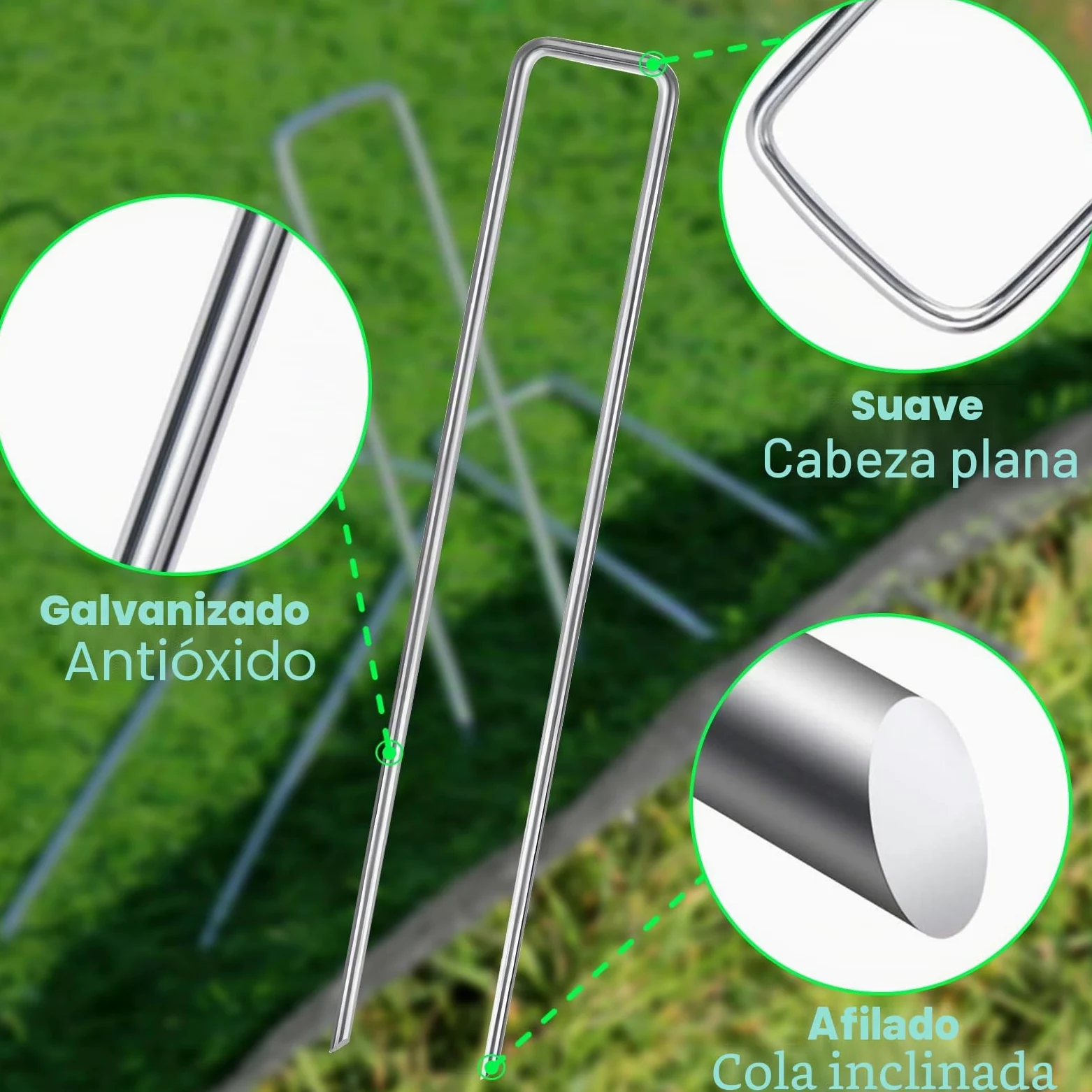 Frasheng Grapas Césped Artificial, 100 Grapas para Jardín y 30 Arandelas, 150x30x3mm, Acero Galvanizado, Grapas para Malla Antihierba, Cesped Artificial y Jardin