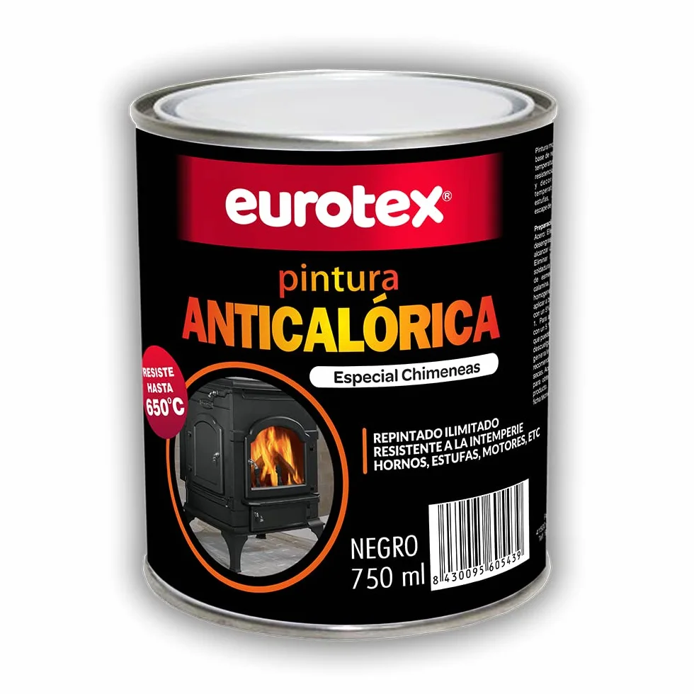 Pintura anticalórica negra mate para altas temperaturas de hasta 650º, Especial para estufas, chimeneas, hornos, barbacoas, aluminio - Negro, 750 ml.
