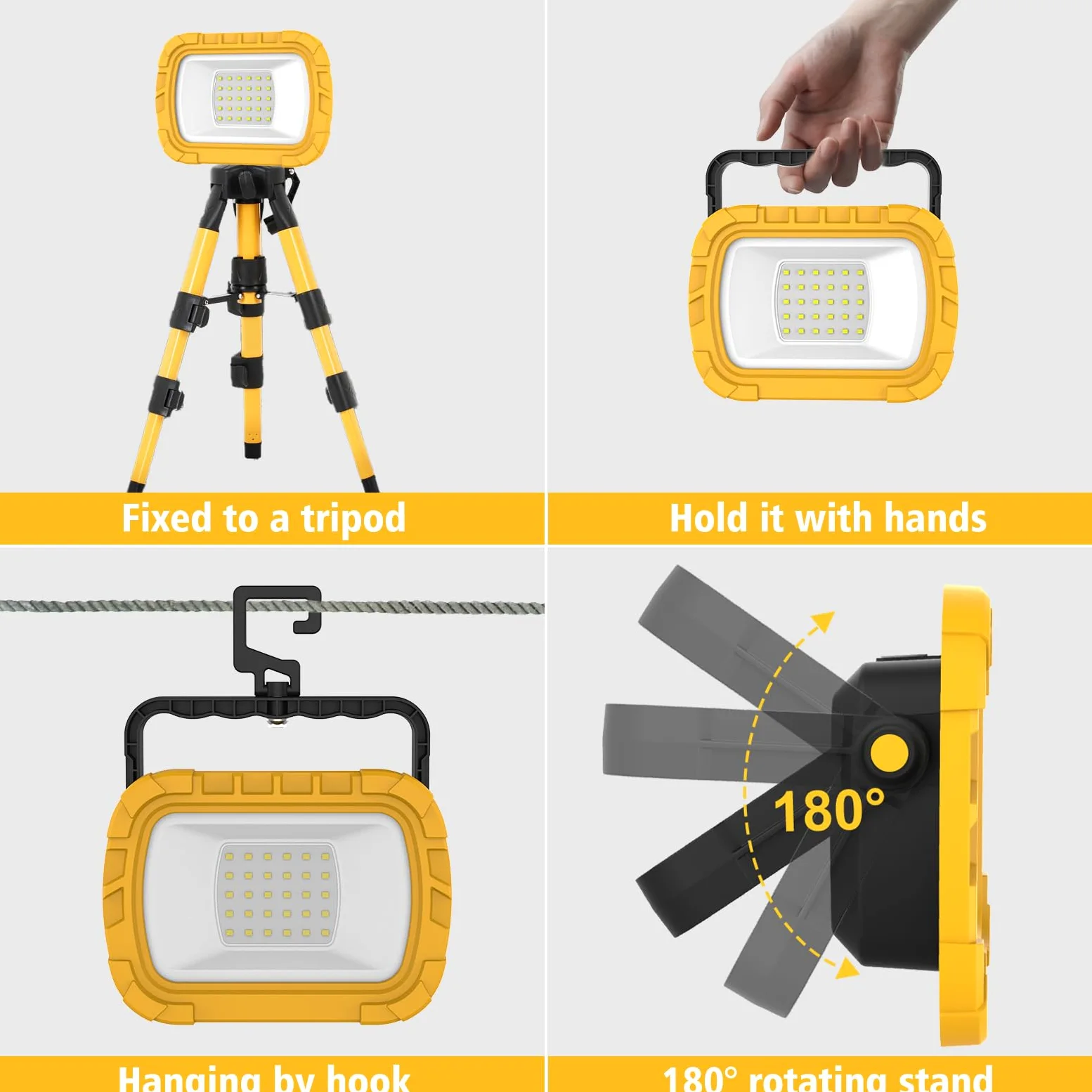 T-SUN 30W Foco LED Portátil, 1000LM Foco Trabajo LED con Enchufe y Cable de 1,8 m, Soporte Plegable, Blanca Fría de 6500K, Luz de Trabajo Impermeable para Garajes, Talleres y Obras- 2 Piezas