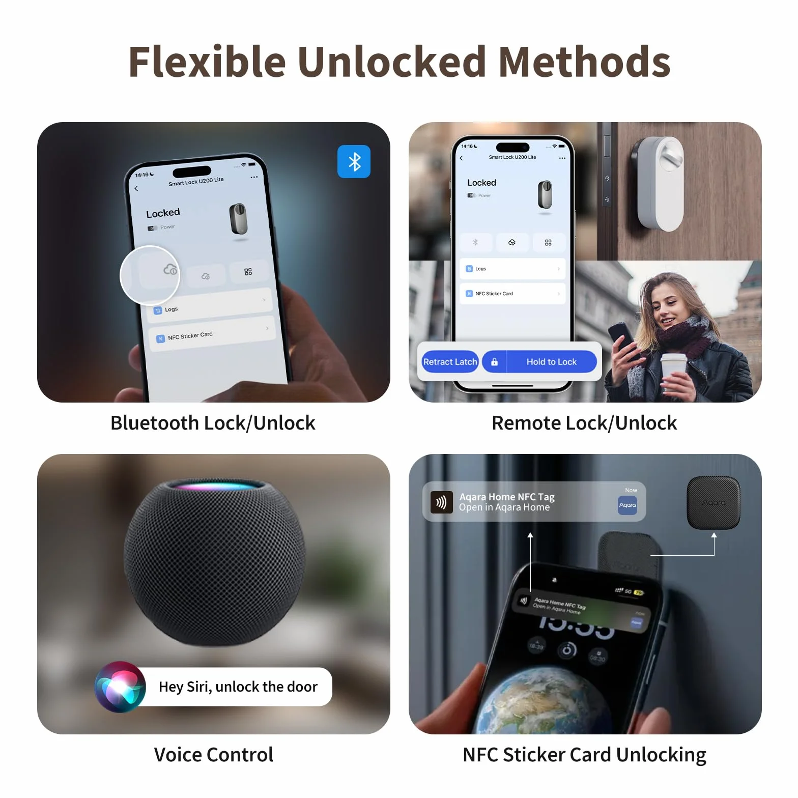 Aqara Cerradura Inteligente U200 Lite, Matter over Thread, Bloqueo Automático, Acceso Remoto, Batería Recargable, Apple Home, Alexa, Blanco
