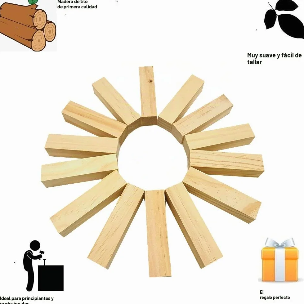 Bloques de Tilo Natural 14 pcs para Tallado, Madera Artesanal, Kit Manualidades 10x2,5x2,5 cm