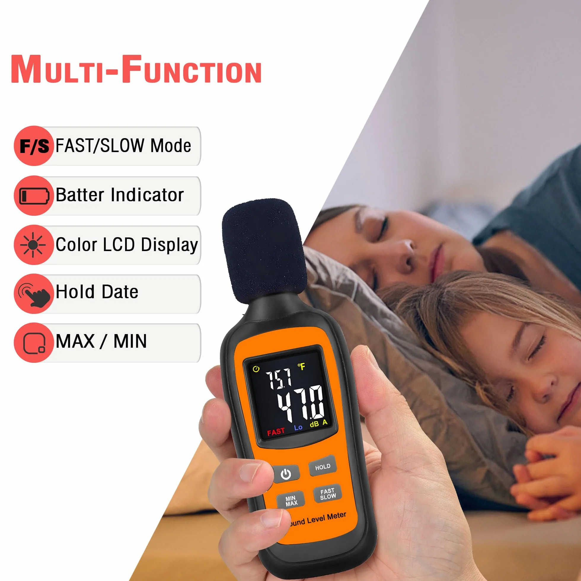 Medidor de decibelios, medidor digital de nivel de sonido SPL, función de temperatura de 35 dB a 135 dB, medidor de ruido con ponderación A [retención de datos rápida/lenta máxima/mínima], uso para el