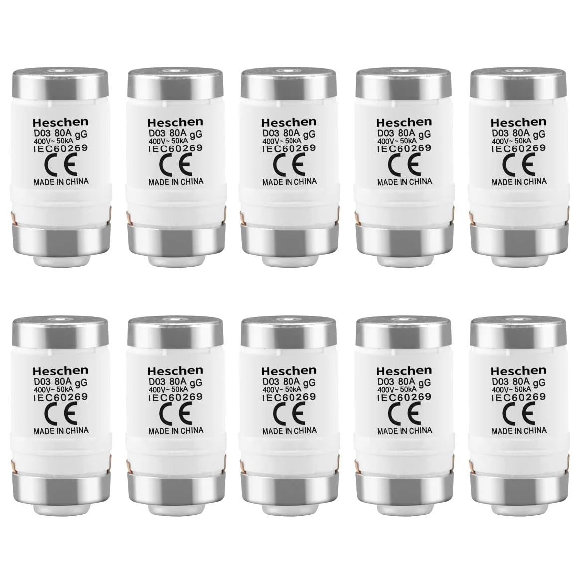 Heschen Eslabones fusibles cerámicos Neozed, eslabón fusible tipo D0, D03, 80A 400VAC, tipo gL/gG, 10 unidades