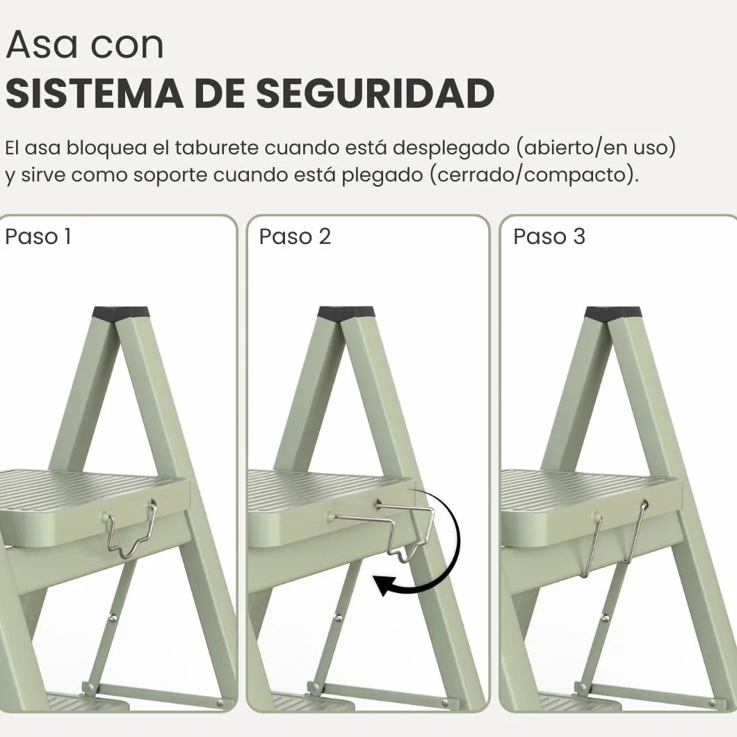 Vigar Escalera Plegable - 2 Peldaños de Acero, Taburete Plegable Portatil Antideslizante con Asa Metal, Taburete Escalera Banquito Step Stool hasta 150 kg, Compacto Ligero para Cocina Hogar - Verde