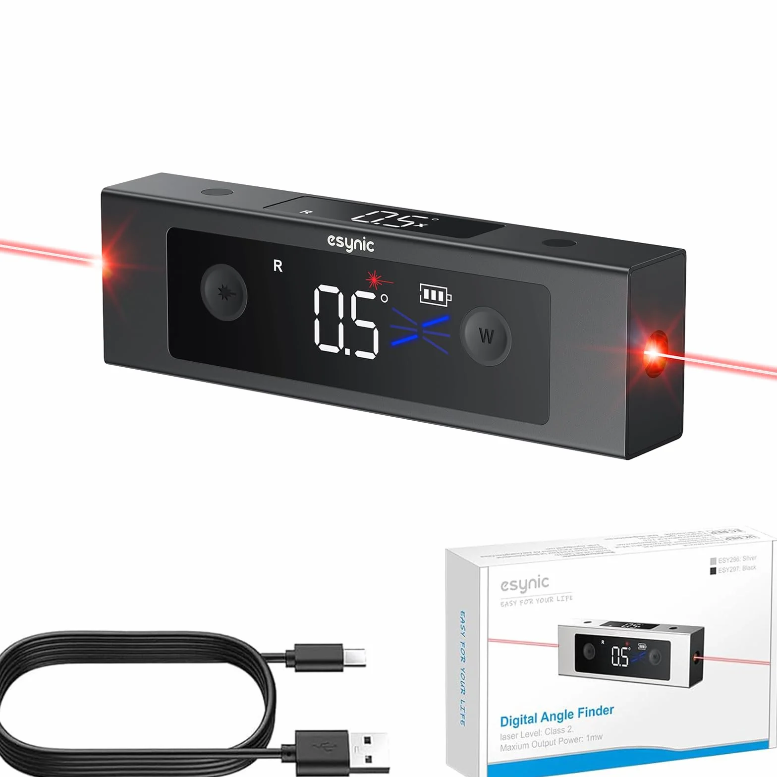 eSynic Inclinometro Digital 4x90° Nivel Digital con Base Magnética, Buscador de Ángulos Recargable Tipo-C con Doble LCD para Carpintero, Aleación de Aluminio Transportador de 3 Unidades °/% / MM/M