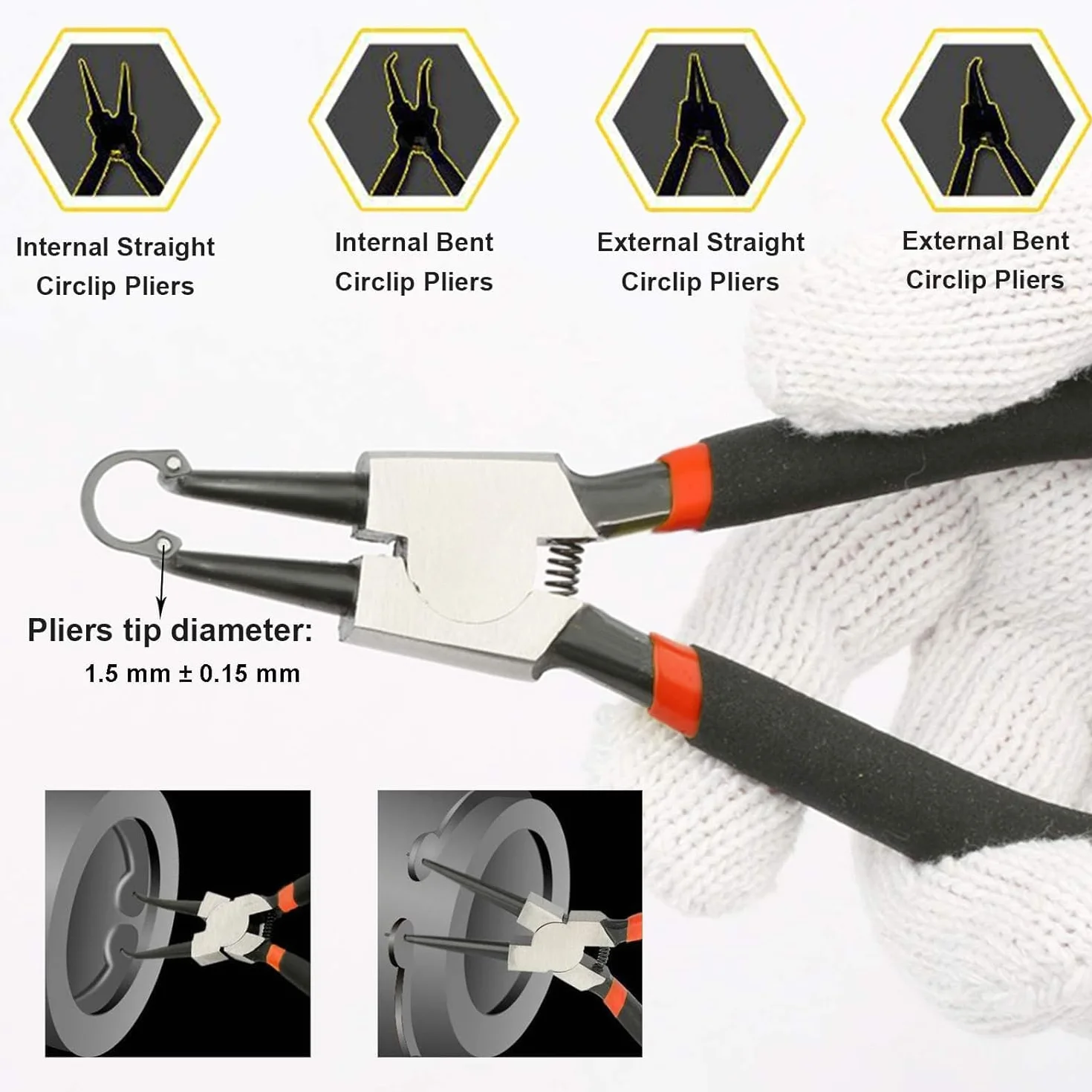 Juego de 4 Alicates Circlip 150mm 6 pulgadas Profesionales Alicates para Anillos Arandelas de Presión Recto Curvados Internos y Externos Mangos Antideslizantes con Bolsa de Almacenamiento