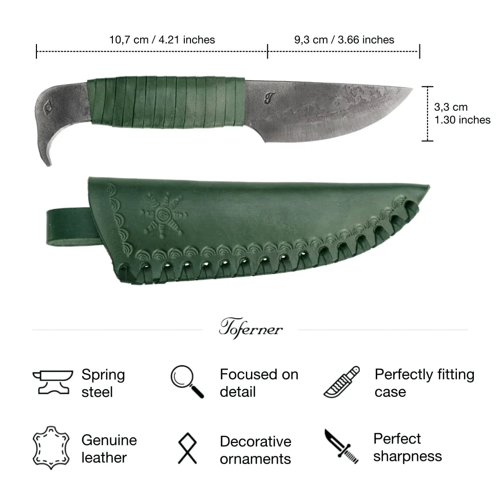 Toferner - Cuchillo de acero cabeza de pájaro - Forjado a mano y aspecto vintage - Hoja puntiaguda ultra afilada - Elegante diseño antiguo - Incluye estuche de cuero auténtico