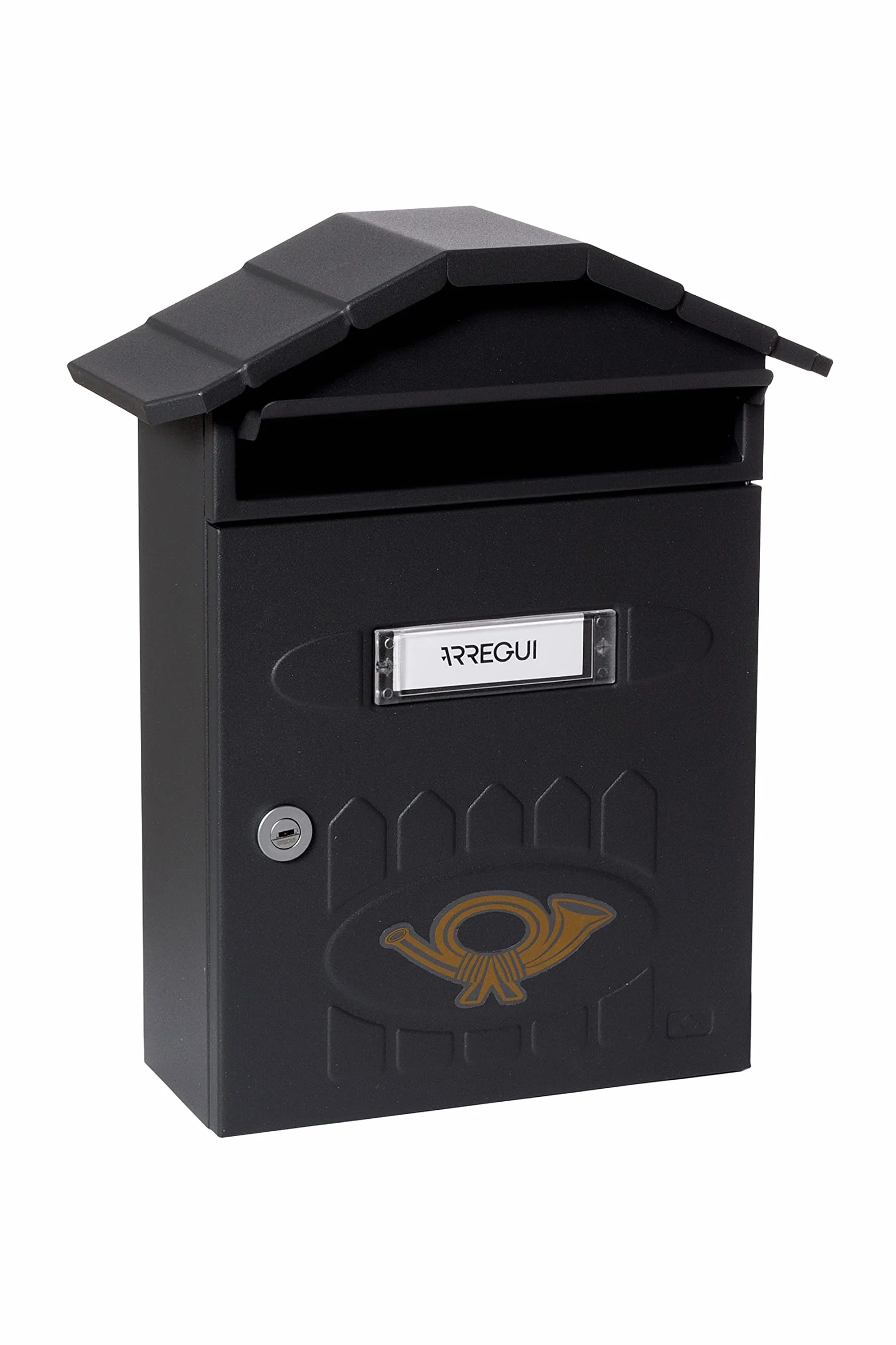 ARREGUI Villa E5004 Buzón Exterior de Acero, Tamaño M (Correo DIN A4 y Revistas), Buzón de Correo Individual, Buzón de Pared de Chapa Gruesa, Antilluvia, Fácil de Instalar, Negro Texturizado
