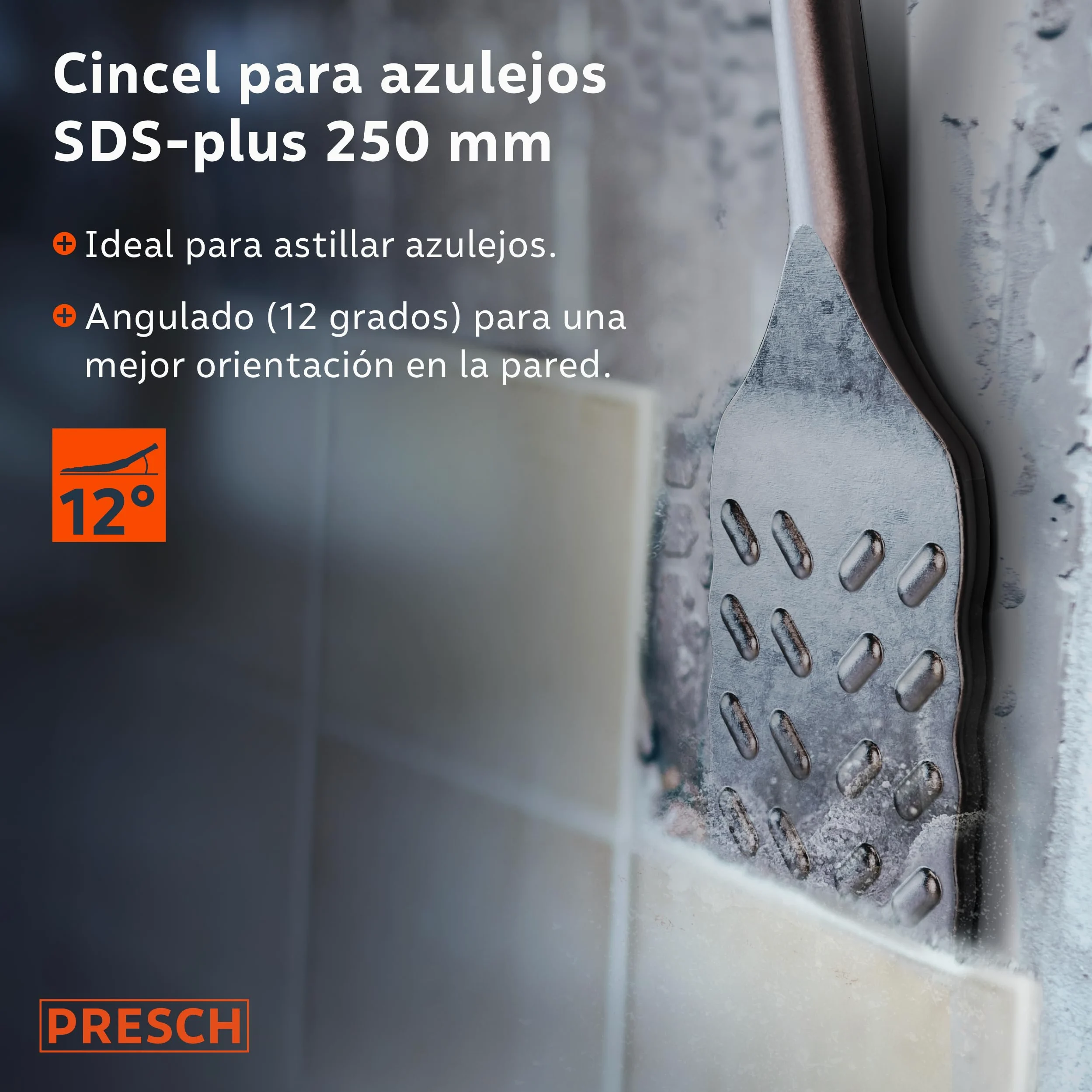 PRESCH SDS plus Cincel Azulejos - Extra largo (250mm) - Bord de corte extremadamente duradero (50mm ancho) - Acodado para facilitar la extracción de azulejos - Acero de alto rendimiento