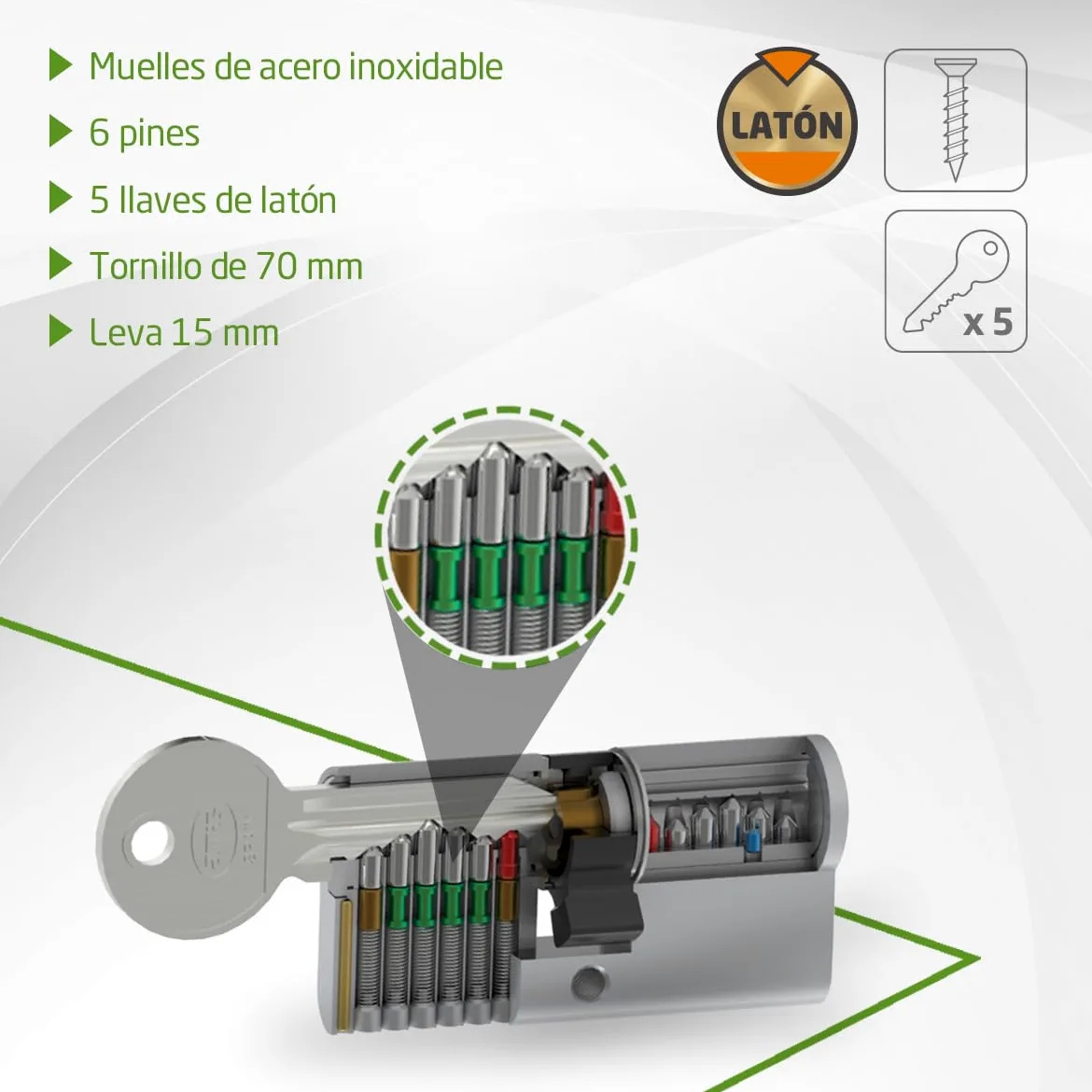 Amig - Cilindro de seguridad Mod. 9800 - Cerradura para puertas - Leva larga de 15mm - Sistema antitaladro - Incluye 5 llaves - Plateado - Medidas: 100 (50-50 mm)