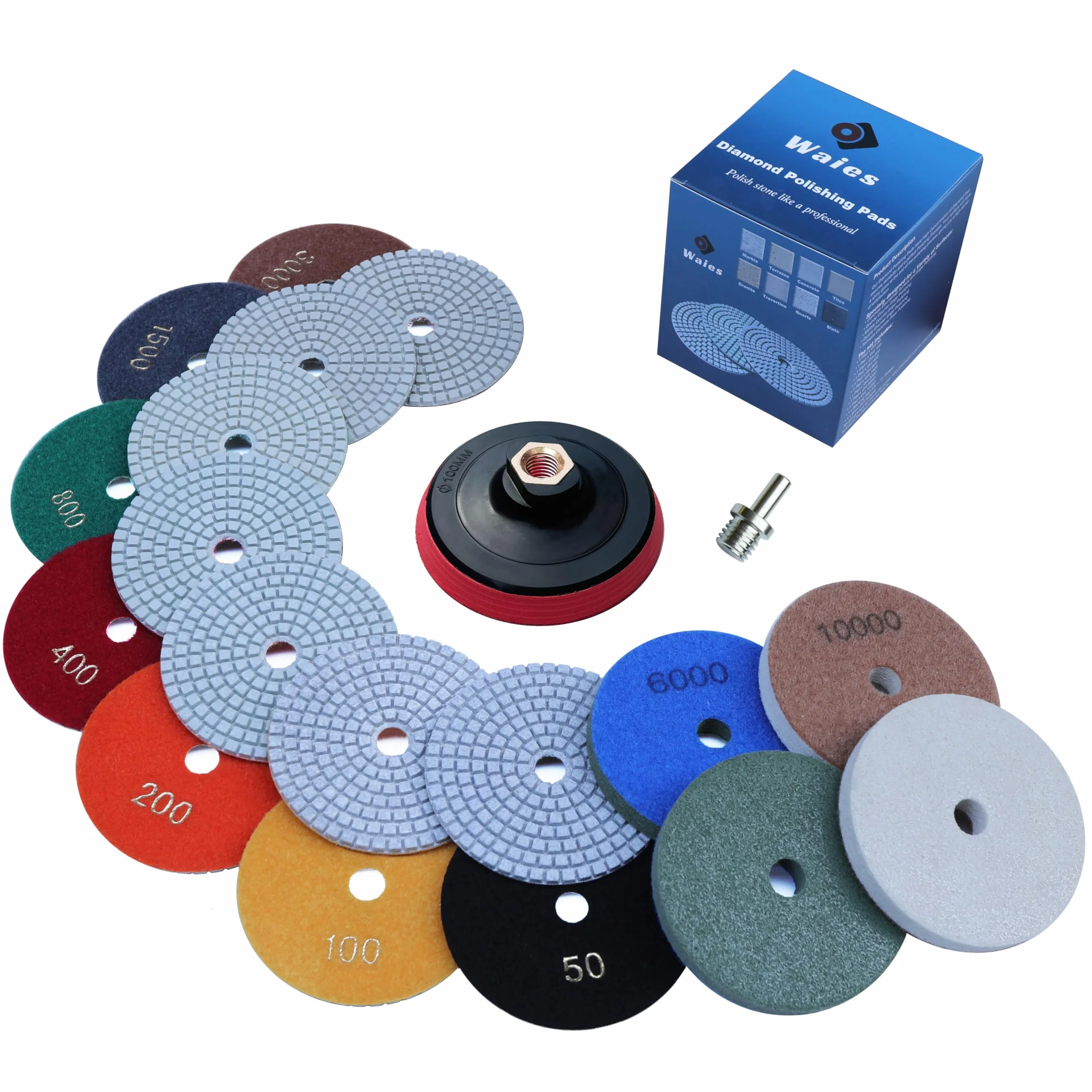 Juego de discos de pulido de diamante, almohadillas pulgadas para granito, piedra, hormigón, mármol, lijadora o pulidora, 50# -10000# con kit de almohadilla trasera M14 (100mm)