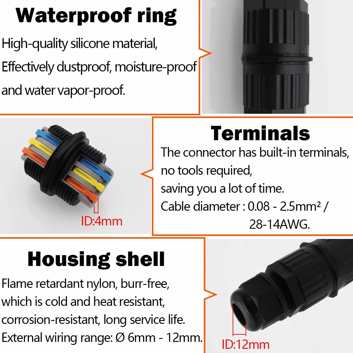 Conector IP66 Estancos, CTRICALVER Empalmes Cables Electricos Estancos, 3 Polos Conector Estanco, Conectores Electricos IP66 para Diámetro de Cable de Ø6-12 mm(5-pack)