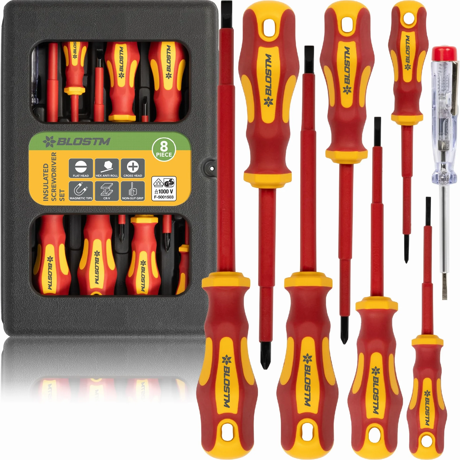 BLOSTM Juego de destornilladores aislados - 8 piezas, destornilladores eléctricos VDE probados hasta 1000V, juego de destornilladores magnéticos con punta negra endurecida para electricistas con