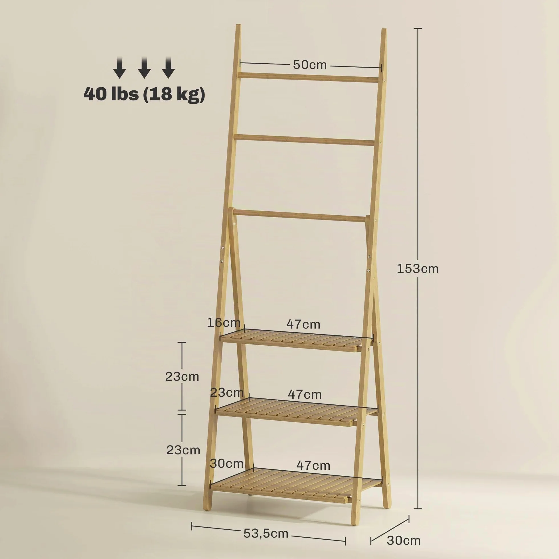 HOMCOM Estantería de Baño de Bambú con 3 Estantes 53,5x30x153 cm Natural | Estantería de Almacenaje, Plegable, con Barras, en Forma de A