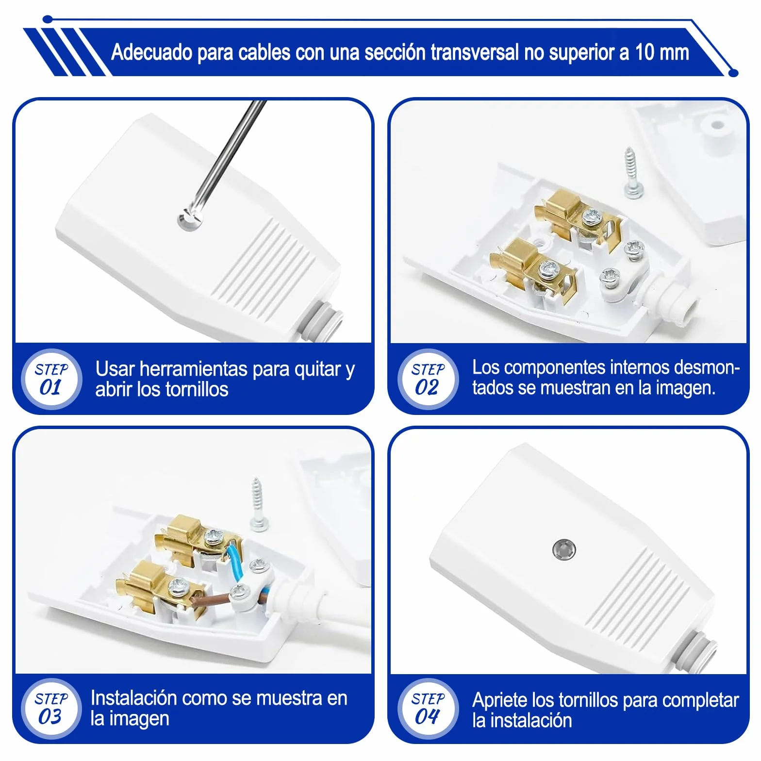 Conectores europeos planos Schuko 250V IP20 goma protección contra torceduras 4 piezas blanco