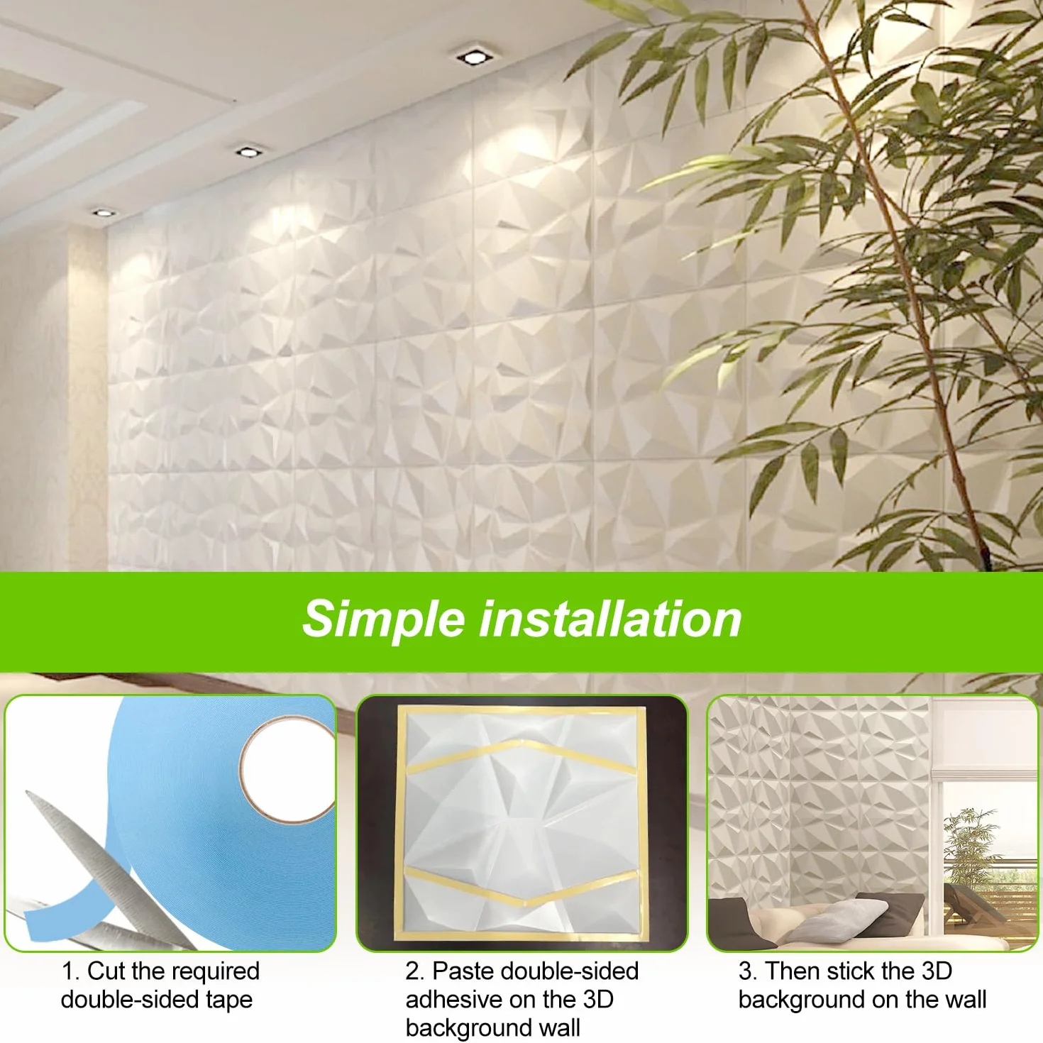 12 Piezas Panel de Pared de 3D Diamante 30 x 30 cm para Decoración de Paneles Decorativos en Blanco, Revestimiento de Paredes PVC, Resistentes al Agua, Resistentes al Calor, Inodoros, Blancos Mate