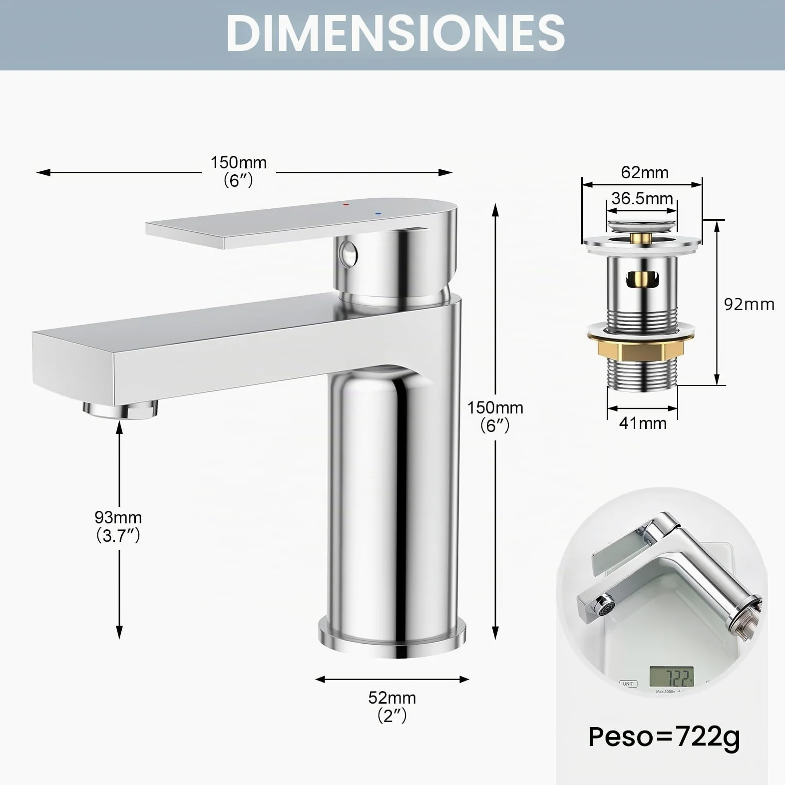 Grifo de Lavabo para Cuarto de Baño W.C. Rectangular Monomando con Desagüe Desplegable de Acero Inoxidable en Cromado Pulido