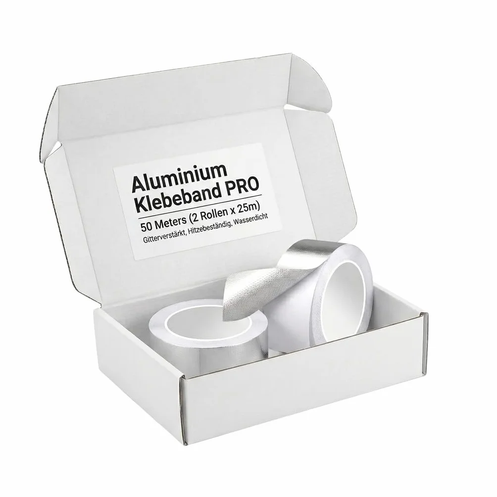Cinta de Aluminio Adhesiva Resistente al Calor (2 Rollos x 25m) – Cinta Alu Reforzada con Fibra de Vidrio para Calefacción, Tubos, Coche, HVAC y Sellado – Papel de Aluminio Plata 50m