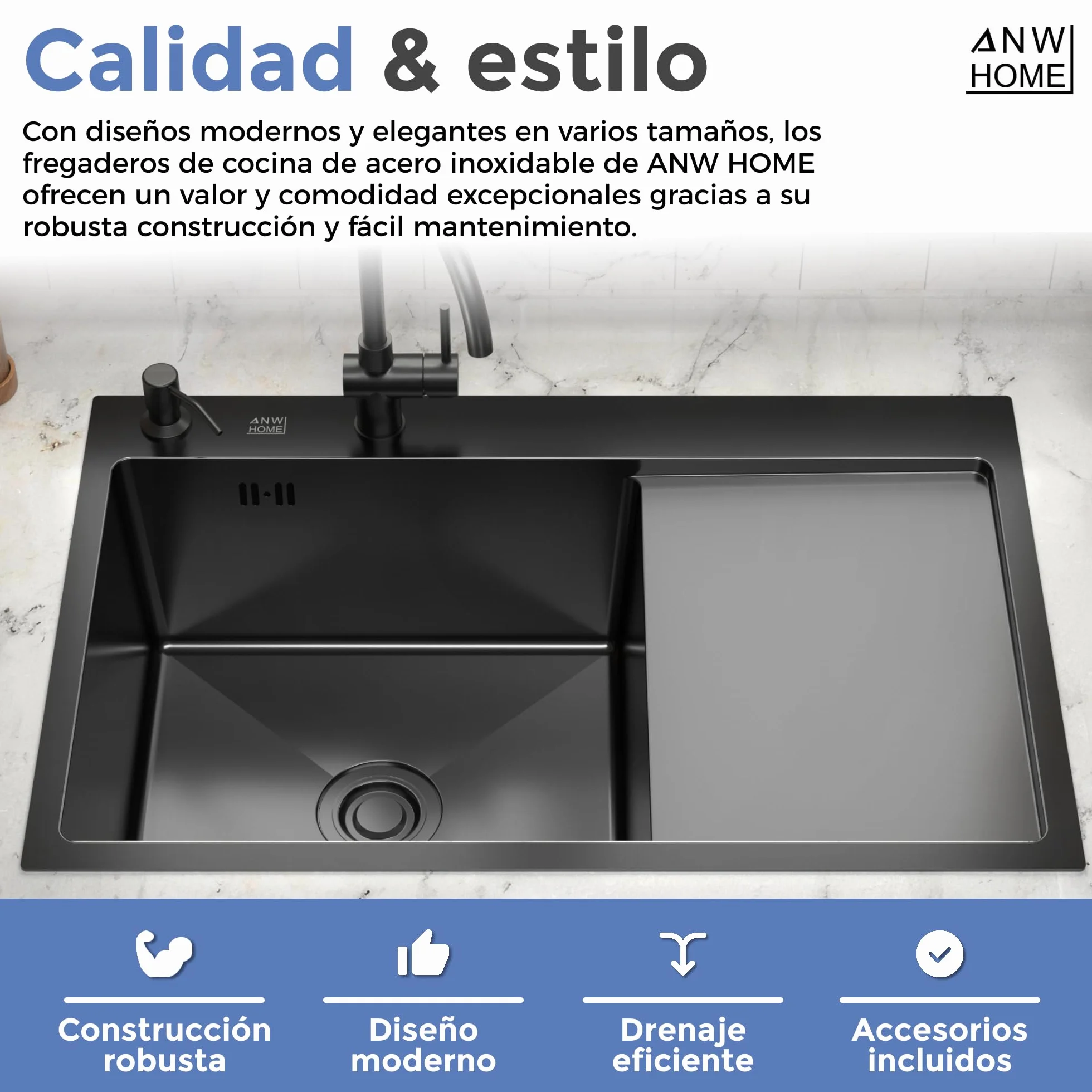 ANW HOME Fregadero Cocina 1 Seno Sobre Encimera con Escurridor, Acero Inoxidable 304, 78x50 cm, Grafito PVD, Acabado con Nano-Revestimiento, Grosor 3.0+1 mm, 22 cm, con Sifón, Dosificador y Cesta