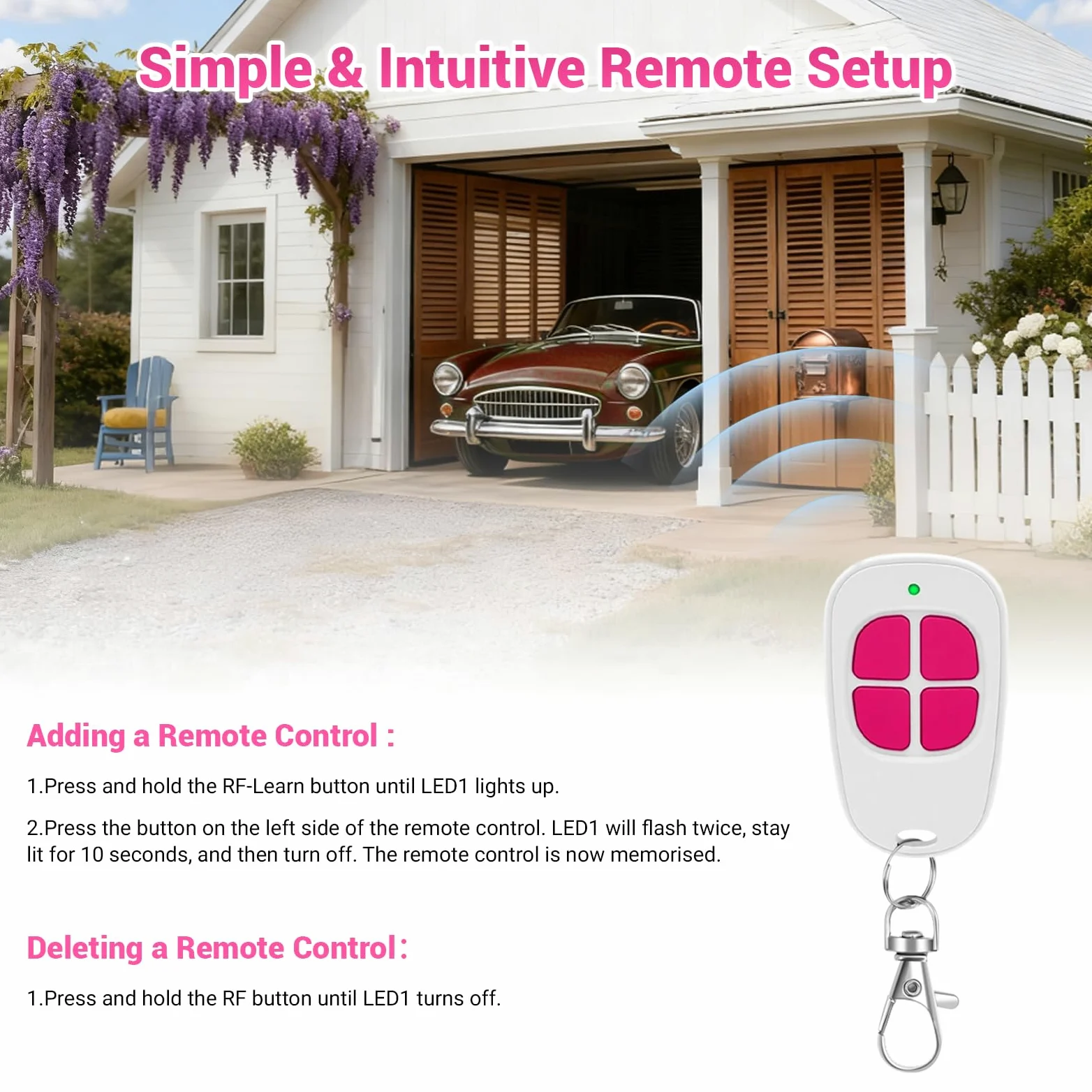 3 x AAM0049 - Mando a distancia para puerta y garaje - Compatible con SCS Sentinel - 433,92 MHz - 4 canales - Código secreto giratorio y largo alcance - Rosa