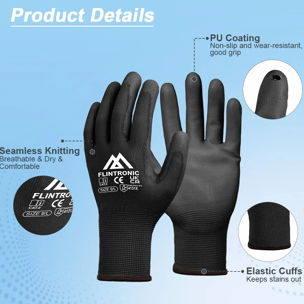 Flintronic Guantes de Trabajo Profesionales 12 Pares Recubrimiento Poliéster PU Negro L-9