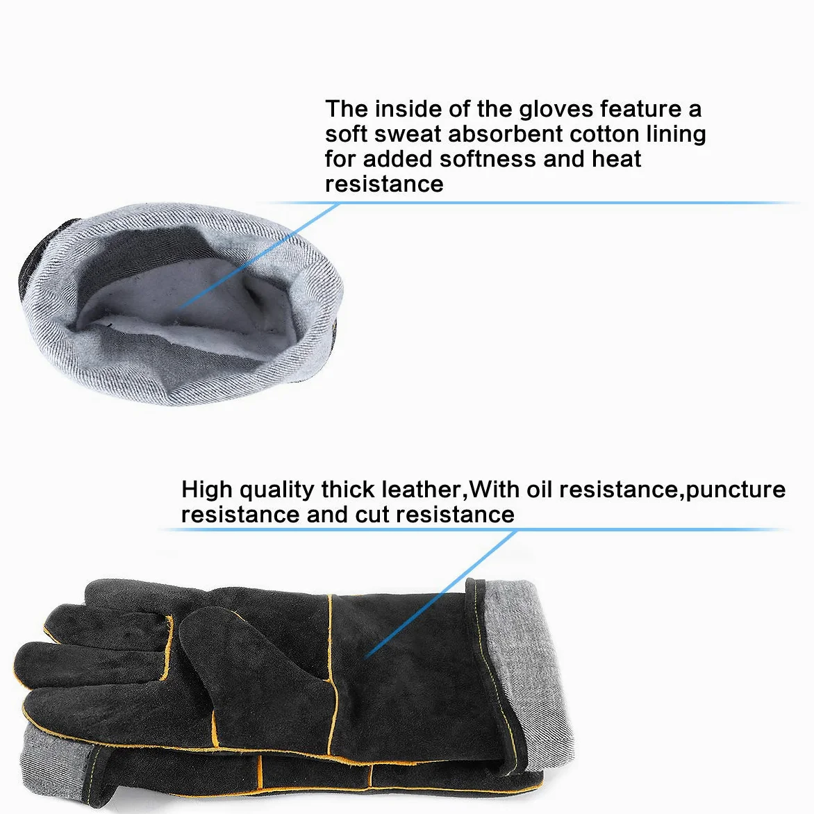 Guantes de Soldadura Cuero para Barbacoas , Guantes para Quemador de Madera Alta Temperatura Guantes de Seguridad