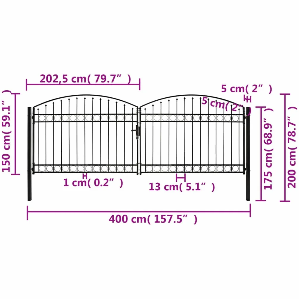 vidaXL Fence Gate Double Door with Arched Top Outdoor Garden Patio Yard Lockable Durable Stable Entryway Fencing Barrier Door Steel 400x150cm Black