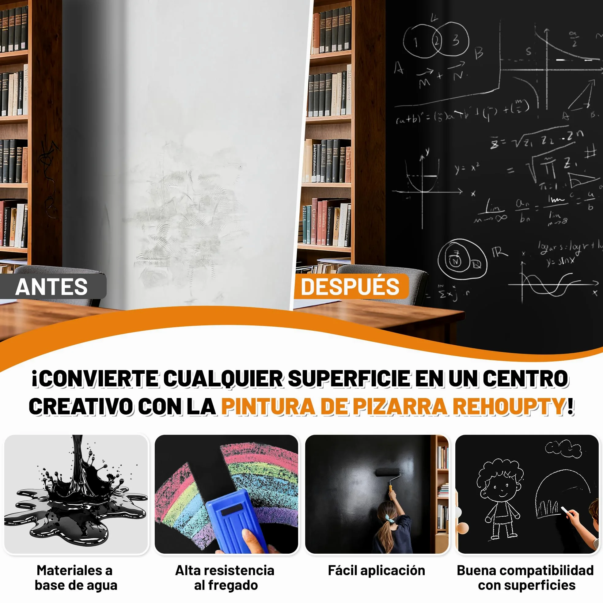 Pintura Pizarra Negra - Pintura Para Pizarrón Negro Mate, 1L Aplicación Fácil Y De Brocha Revestimiento Acrílico, Terminado De Pizarrón Para Madera, Metal, Muebles, Paredes Y Manualidades Cubre 6-8m²