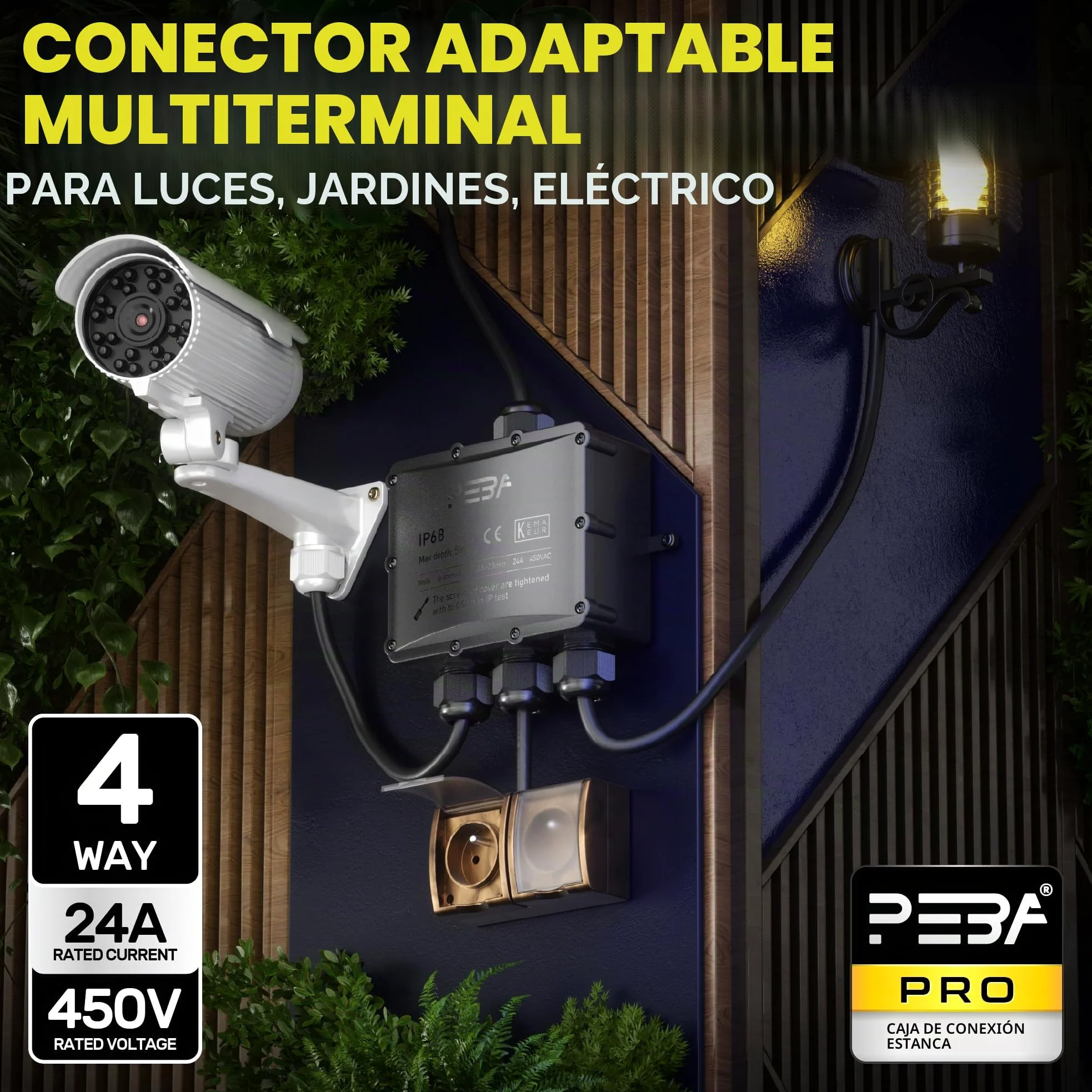 PEBA Cajas de Conexiones Impermeables IP68, Conector de cable estanco, Caja de conexiones de conector de cable Exterior Grande de 4 vías, Apto para cables 4-14 mm Caja Estanca, Negro
