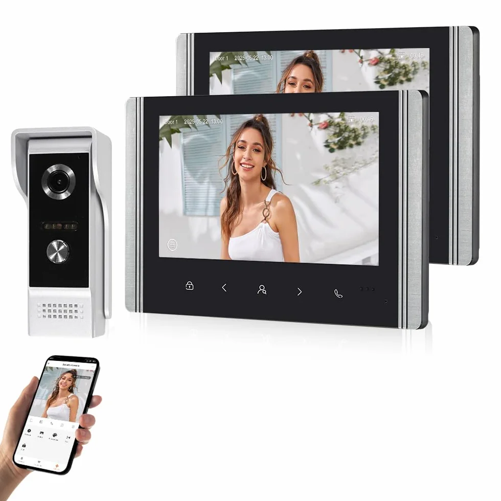 Sistema de Intercomunicador de Vídeo WiFi Tuya para Casa, Timbre de Cámara Vídeo 1080P HD con 2 Monitores Pantalla IPS de 7 zoll, Visión Nocturna IR, Grabación, Audio Bidireccional