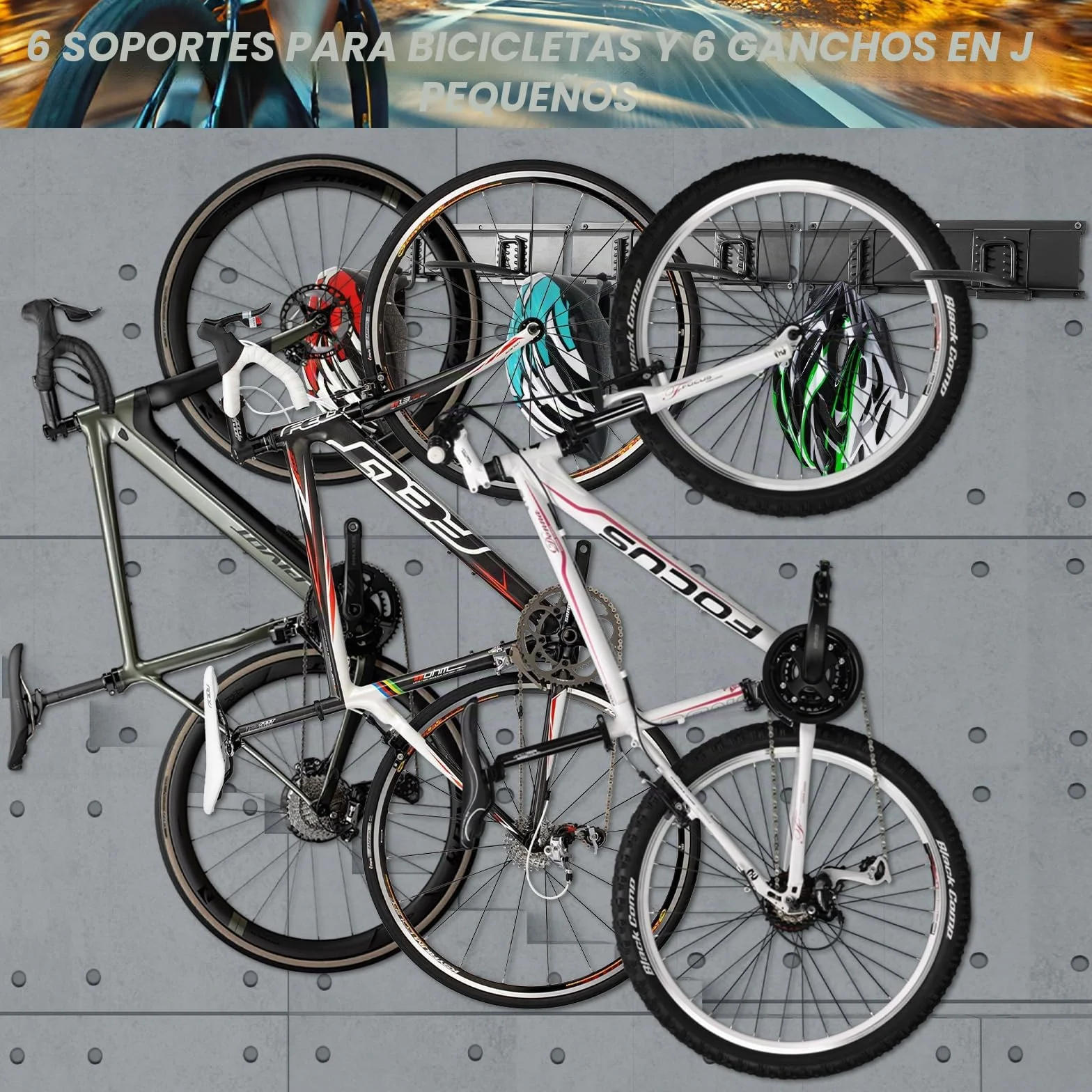 Soporte de pared para bicicletas de garaje, 6 soportes y 6 ganchos, carga 270 kg, 160 cm
