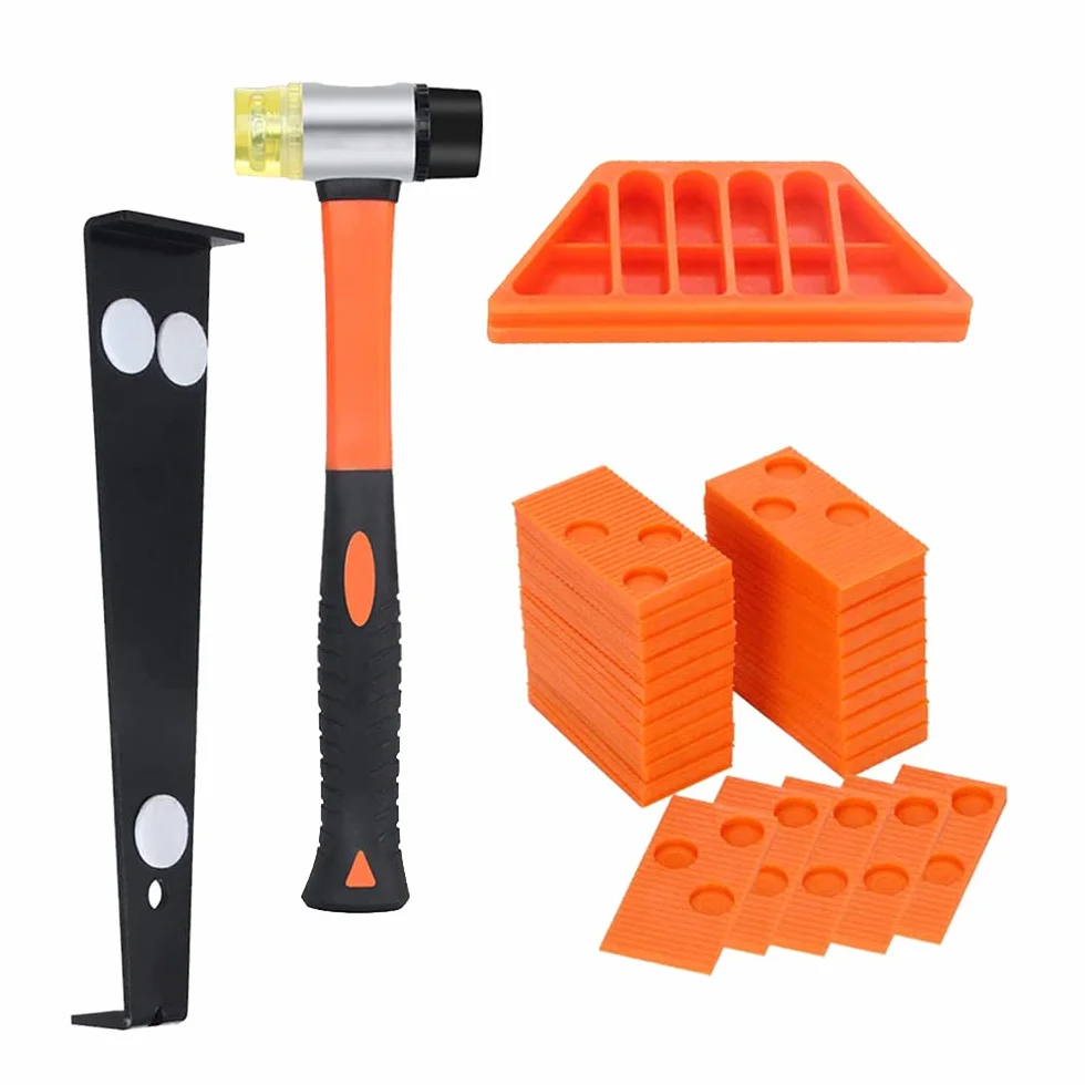 Kit de instalación de suelos de madera laminada con 40 espaciadores, mazo de doble cabeza, bloque de roscado y barra de tracción (naranja)