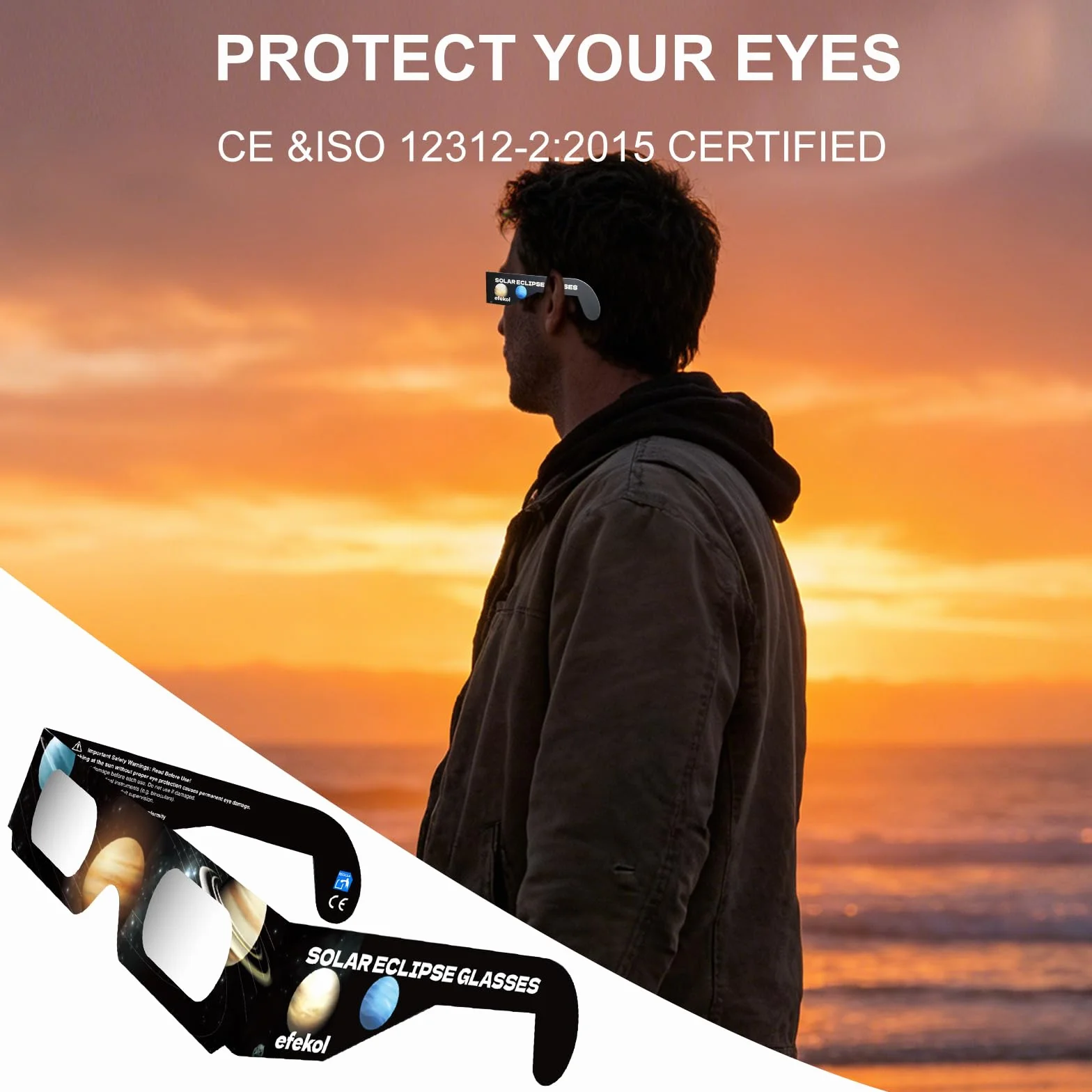 Efekol Gafas Eclipse Solar Homologadas 12 Pack CE EN ISO 12312-2 Observación Segura del Sol
