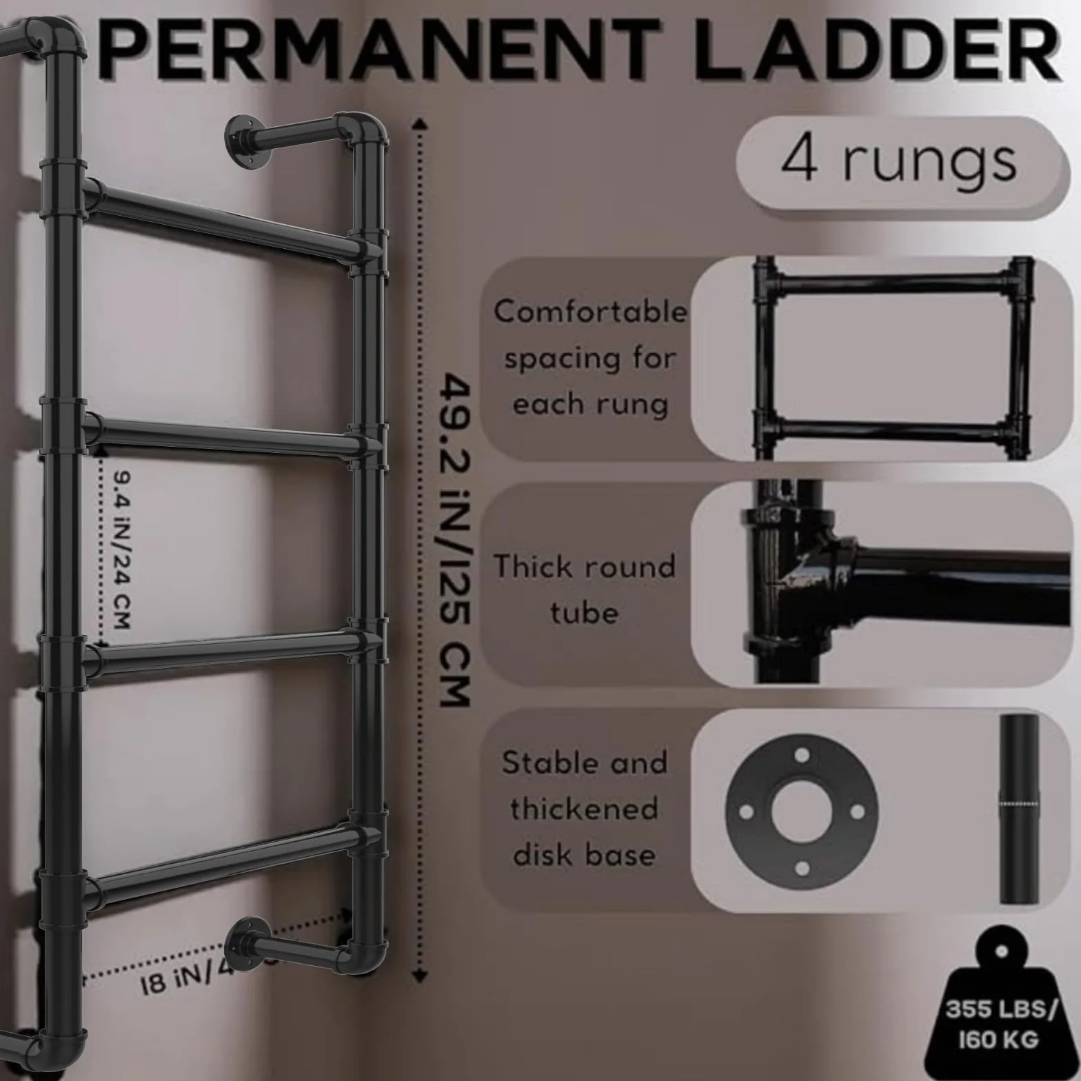 Escalera de 4 Peldaños Montada en Pared para Salida de Emergencia por Ventana de Sótano | Acceso Metálico Fijo con Ganchos para Ático, Caravana y Cama | de Seguridad Fijada a la Pared de Cuatro