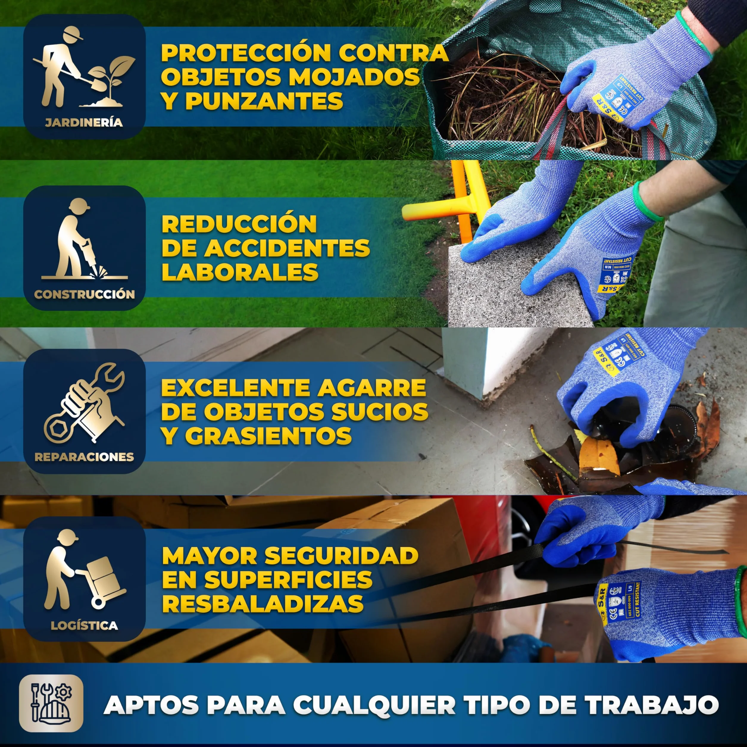 S&R 3 PARES Guantes Anticorte Nivel 5. Guantes de Trabajo Talla L/9 para Jardinería/Cocina. Tejido de Tungsteno y Nitrilo