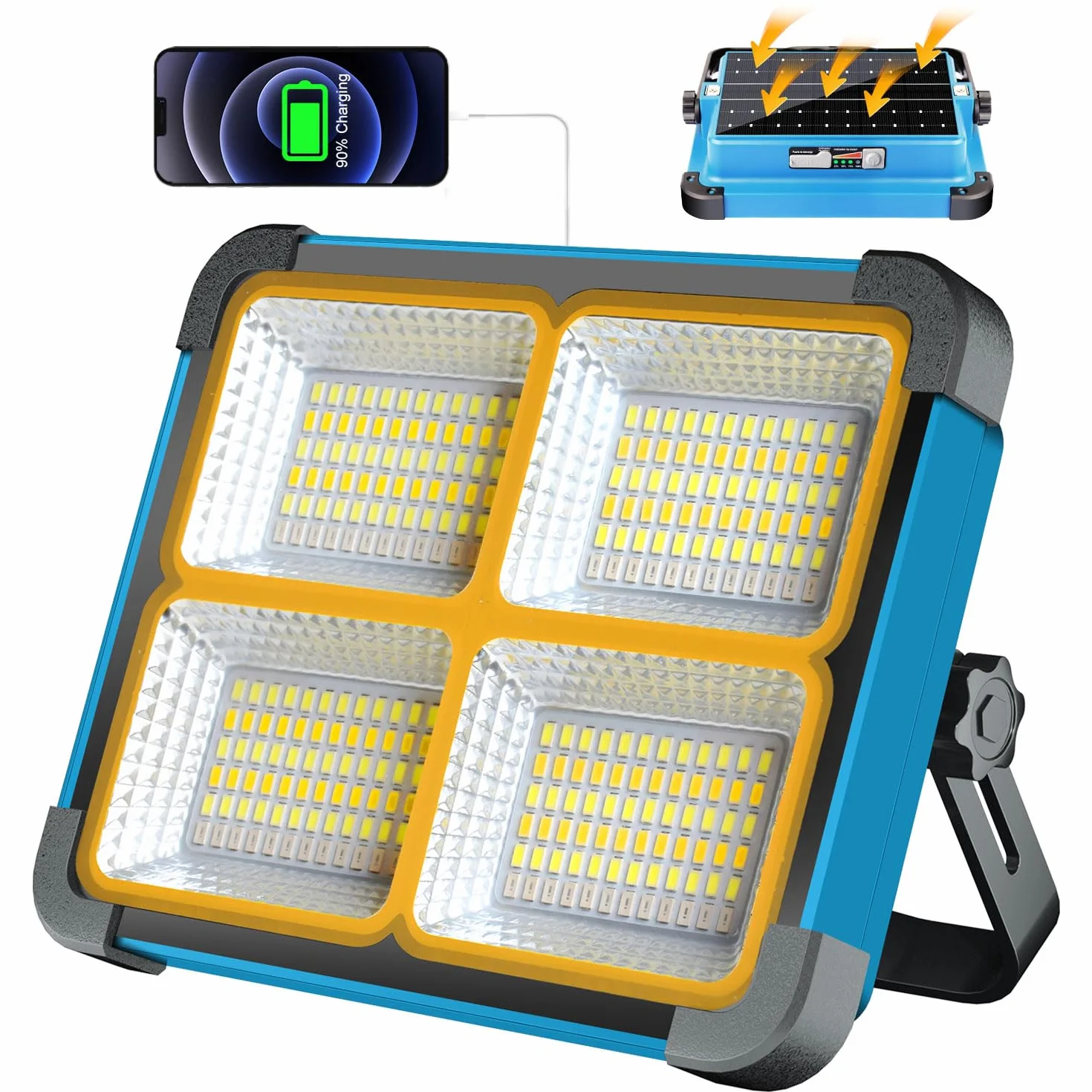 Foco LED Recargable 100W, 10000mAh/ 288 LEDs/Panel Solar/ 5 Modos de Luz/Base Magnética/Banco de Energía, Foco de Trabajo Portátil LED para Camping, Trabajo, Pesca