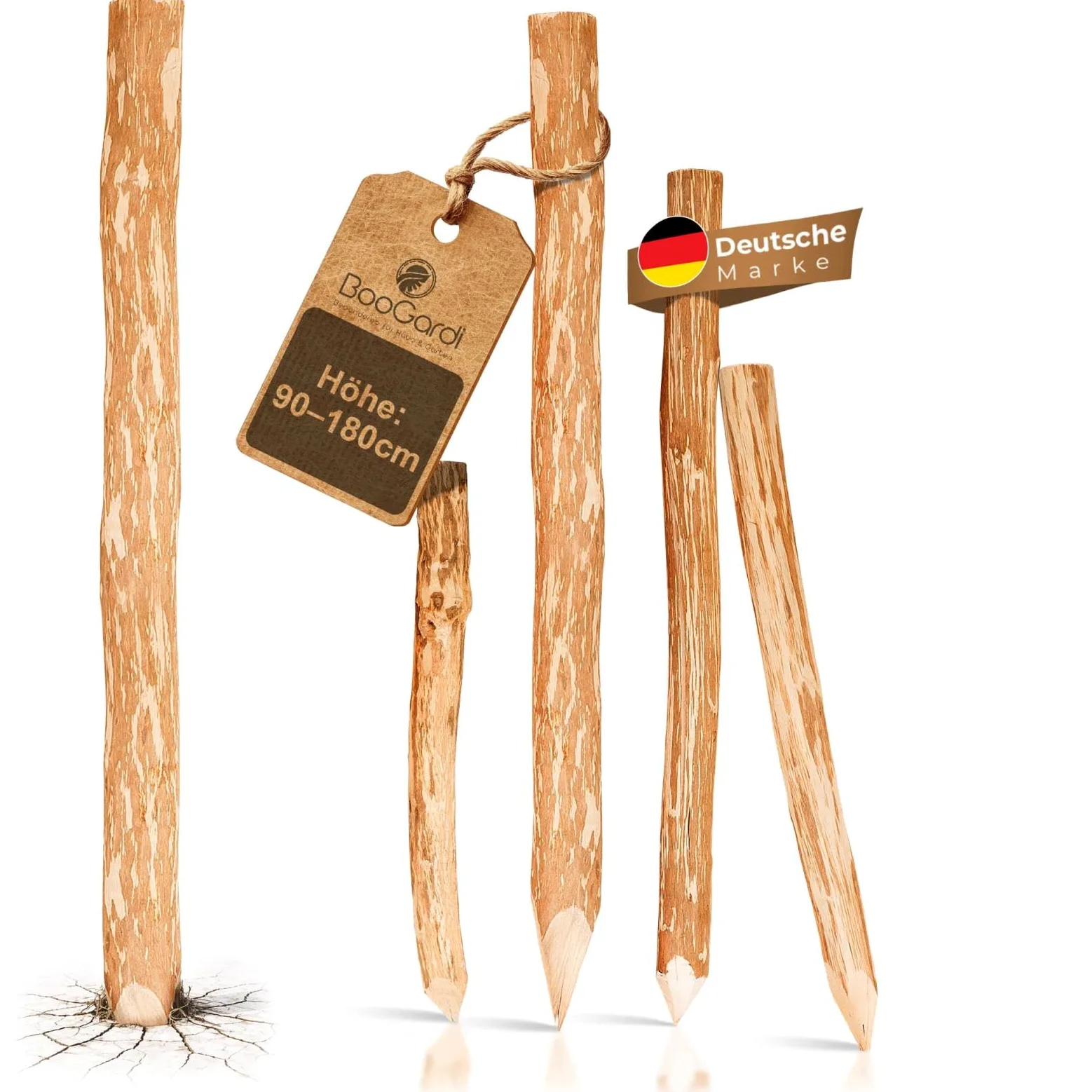 BooGardi Juego de 5 postes de madera de avellana de 150 cm, muchos tamaños, postes de valla para su valla de estacas, valla de granja, valla de castaño, postes de estacas