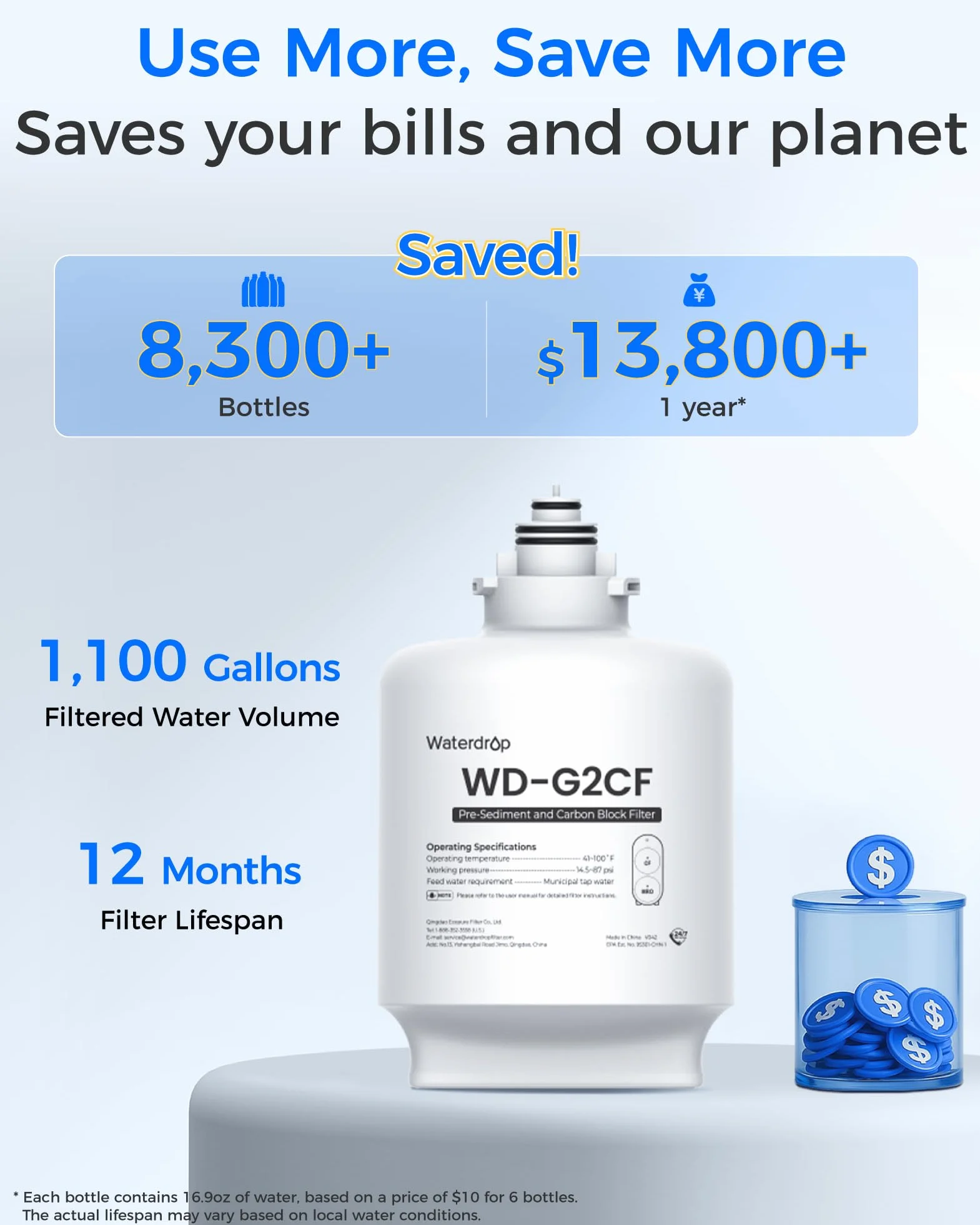 Waterdrop Filtro WD-G2CF, 12 Meses de Vida útil, reemplazo para el Sistema de ósmosis inversa WD-G2-B, WD-G2-W