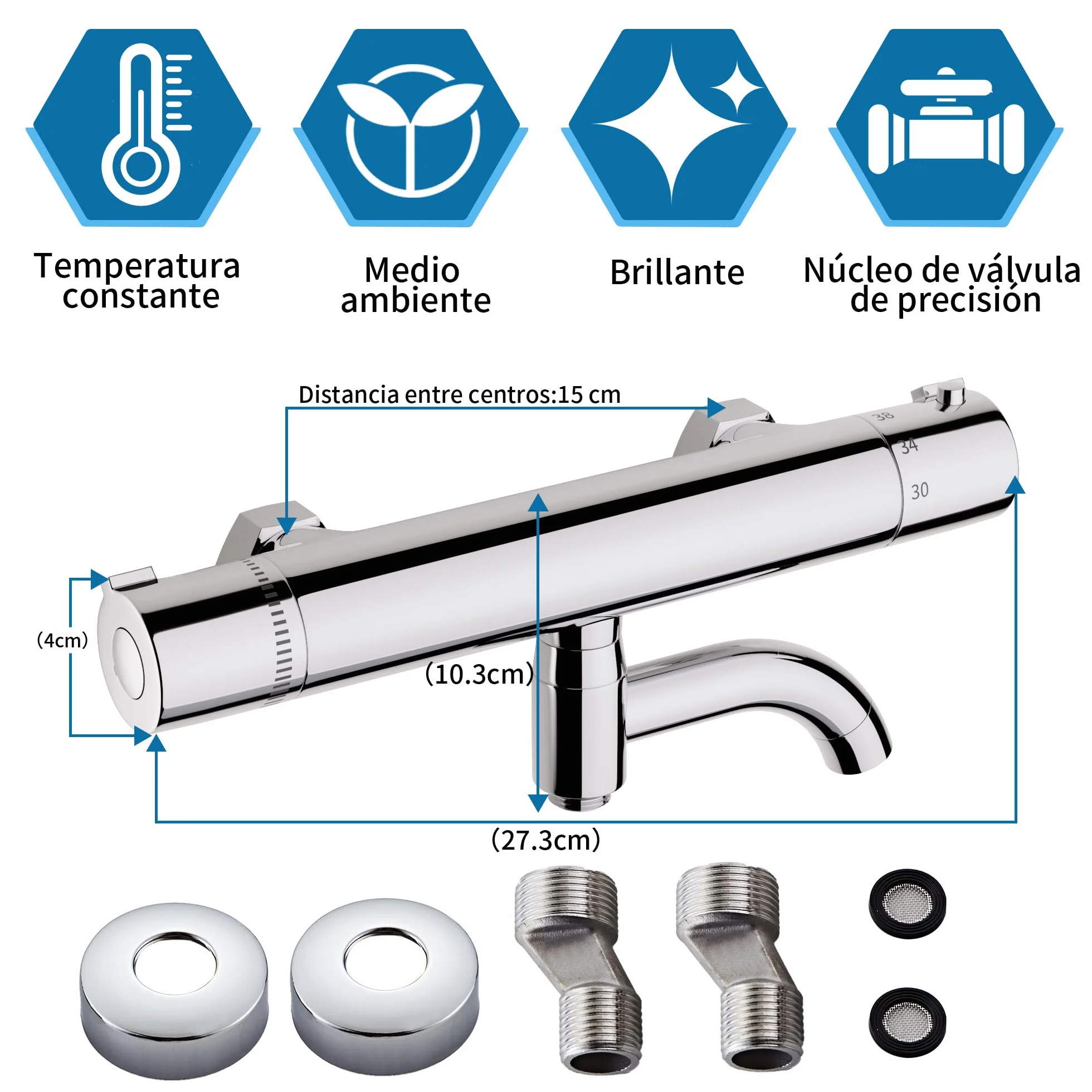 MORADO Mezclador de ducha termostático, grifo de ducha termostático, válvula de mezcla de agua con control de temperatura, latón, acabado cromado, montado en la pared