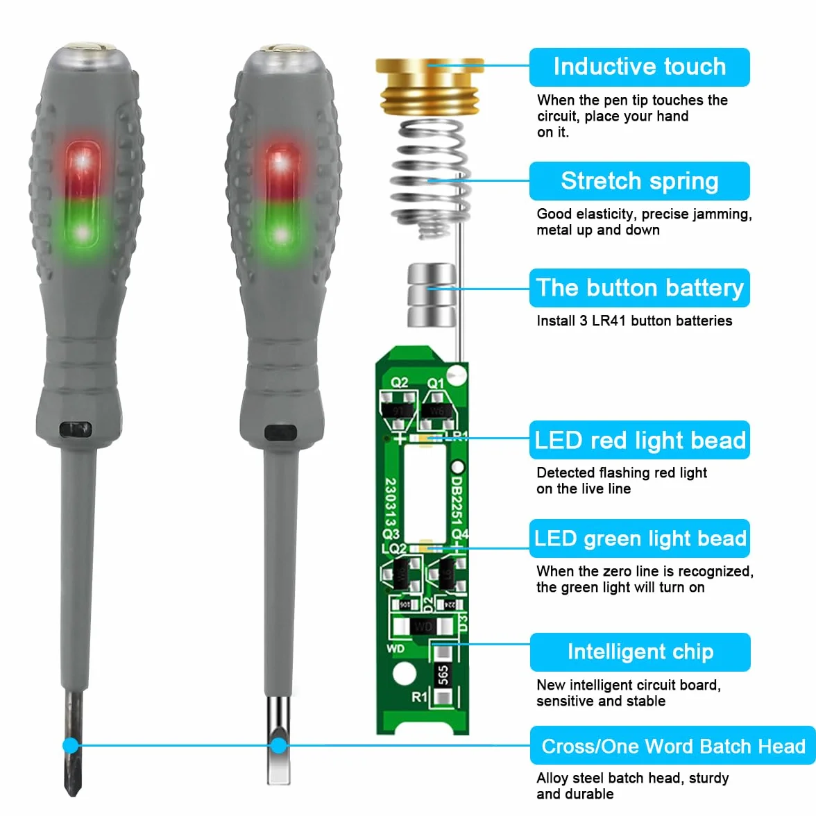 2 Piezas Probador de Voltaje con Destornillador,Herramienta de Prueba Eléctrica,Bolígrafo Probador de Voltaje Sin Contacto,con Rango CA 70V-250V, /Cero,Destornillador Estrella y Plano