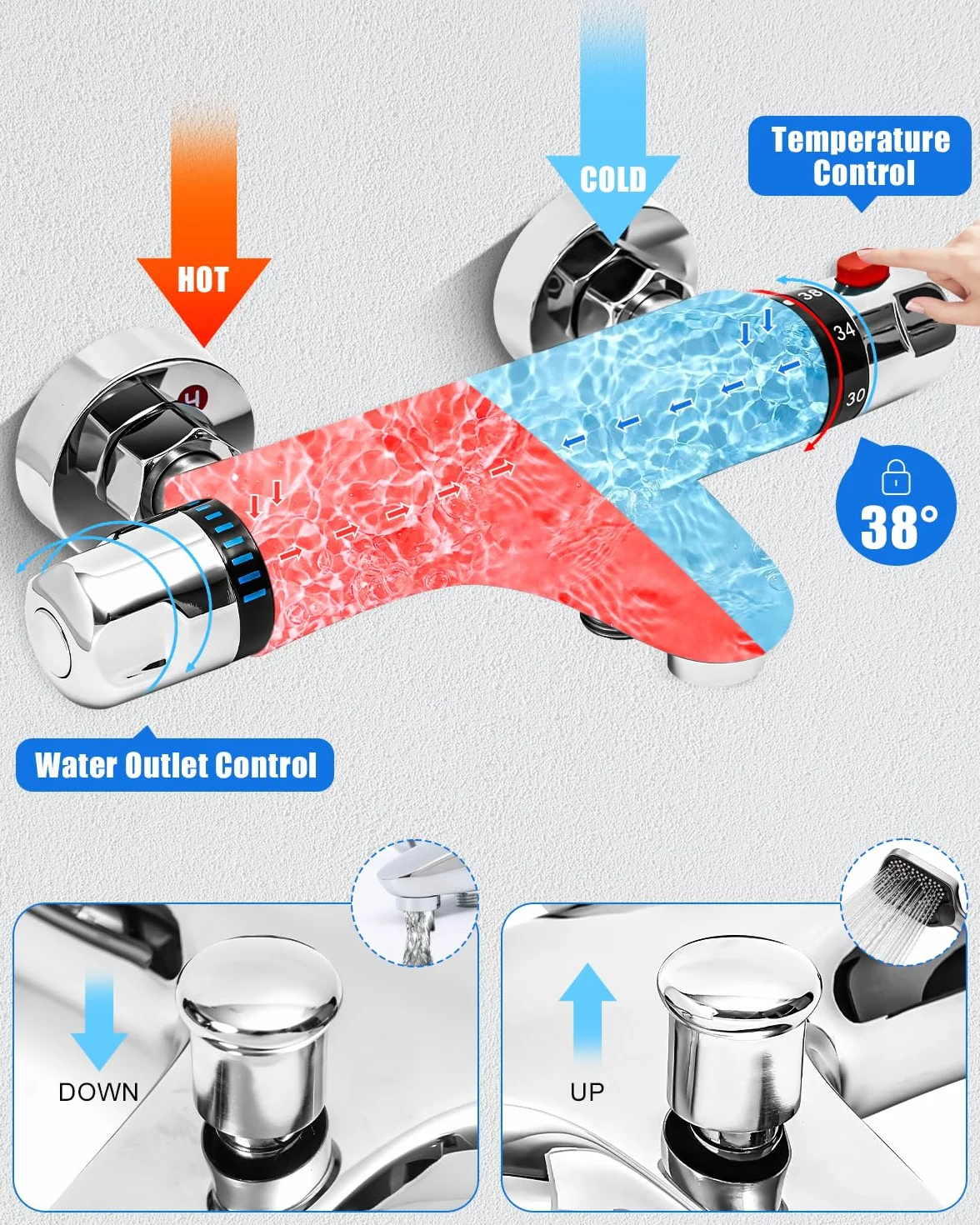 Mezcladora de Ducha Termostática, Grifo Termostatico Bañera, Válvula Mezclador de Ducha Termostático de 38 °C, Termostato con protección antiquemaduras de Latón, Acabado Cromado, con 2 Salidas de Agua