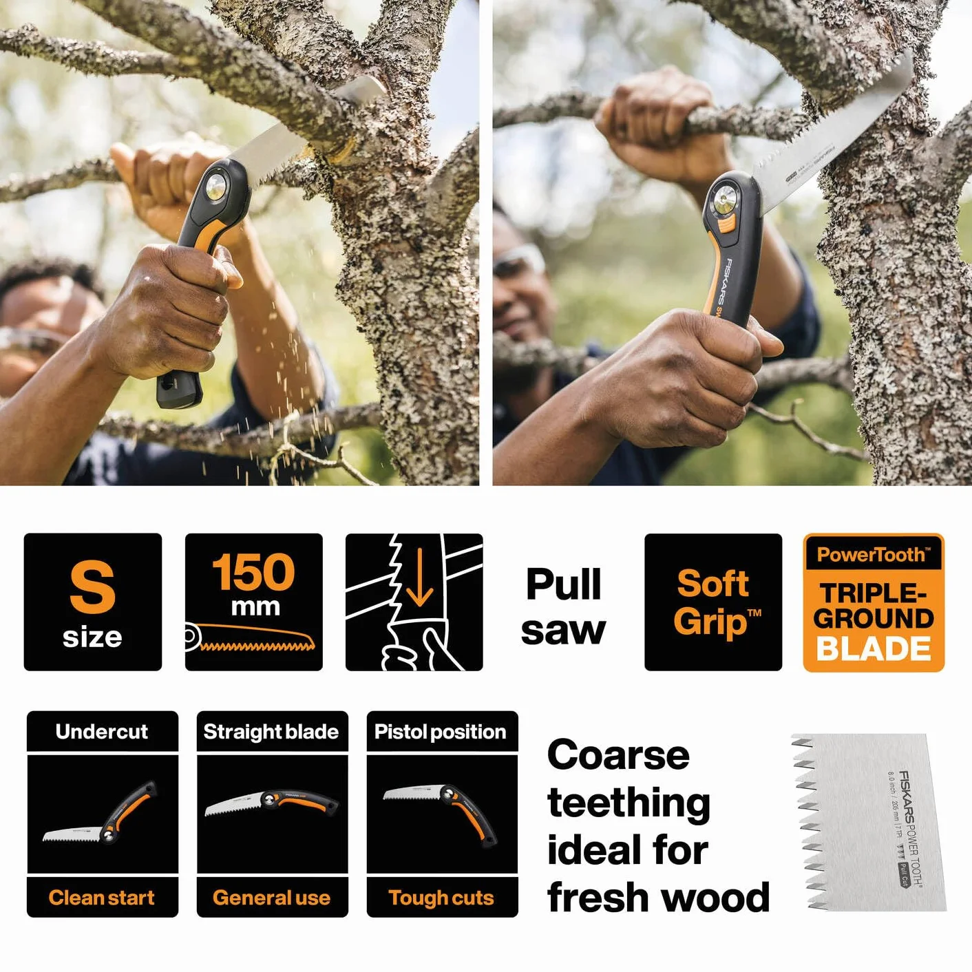 Fiskars Sierra plegable Plus 15 cm Power Tooth Negro/Naranja
