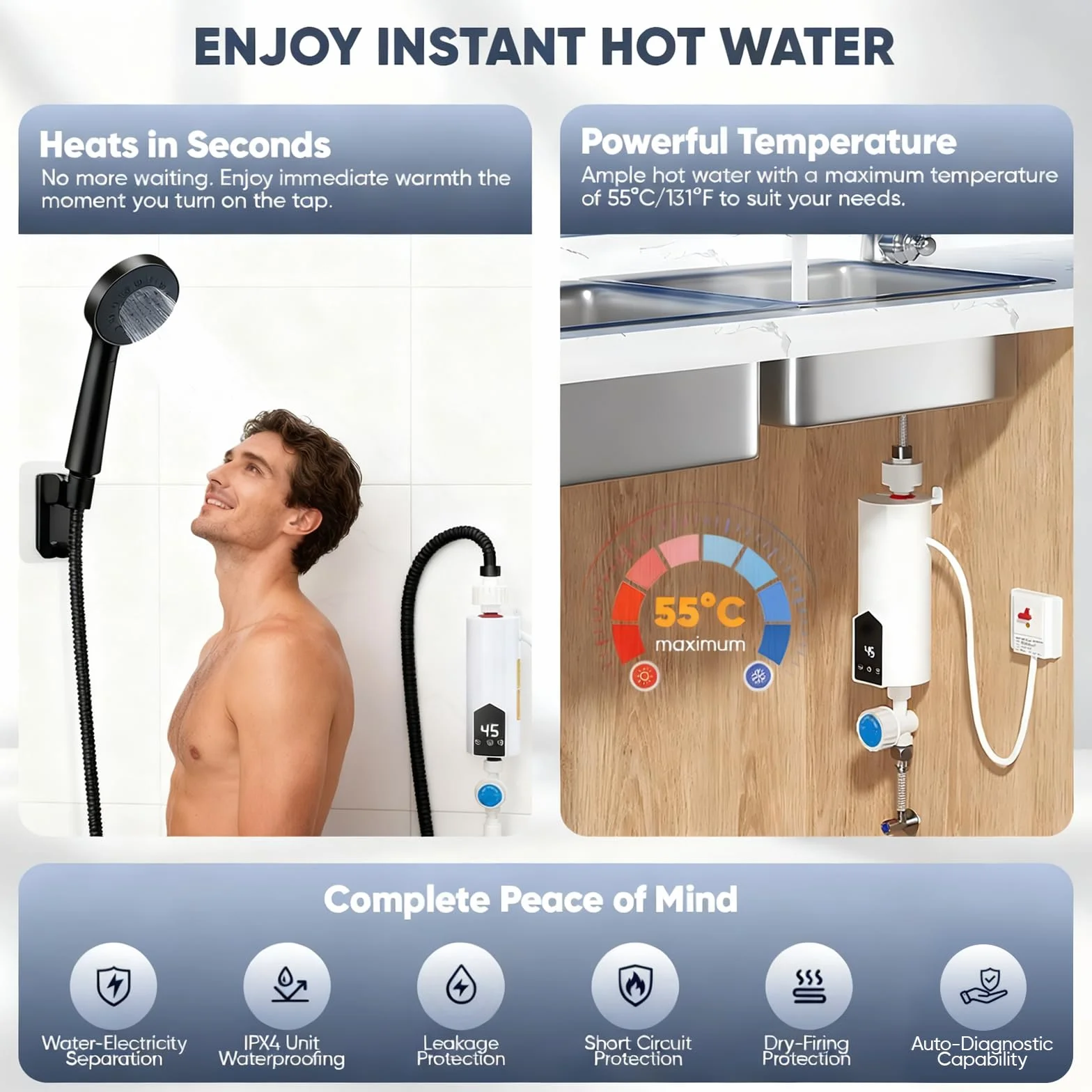 Calentador de agua sin depósito de 5500 W con juego de ducha, calentador de agua instantáneo de 220 V con pantalla digital LCD y botones táctiles, adecuado para ducha, baño/cocina/lavabo (F)