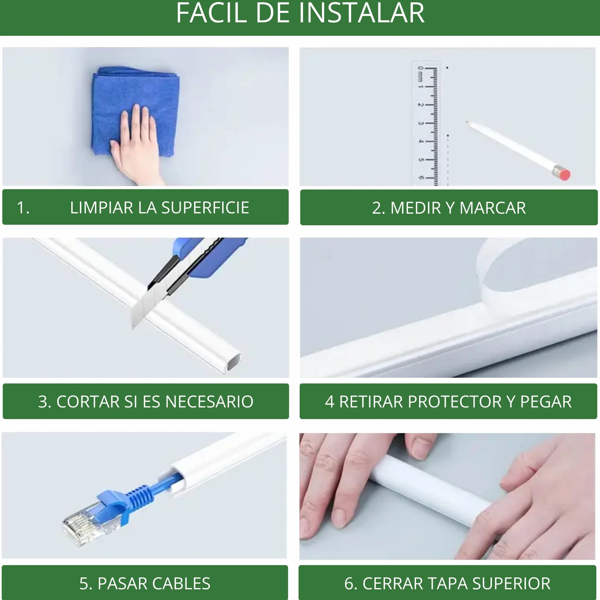Canaleta Cables Pared Adhesivo 6x1metro (15x10mm) Blanco 10 Accesorios
